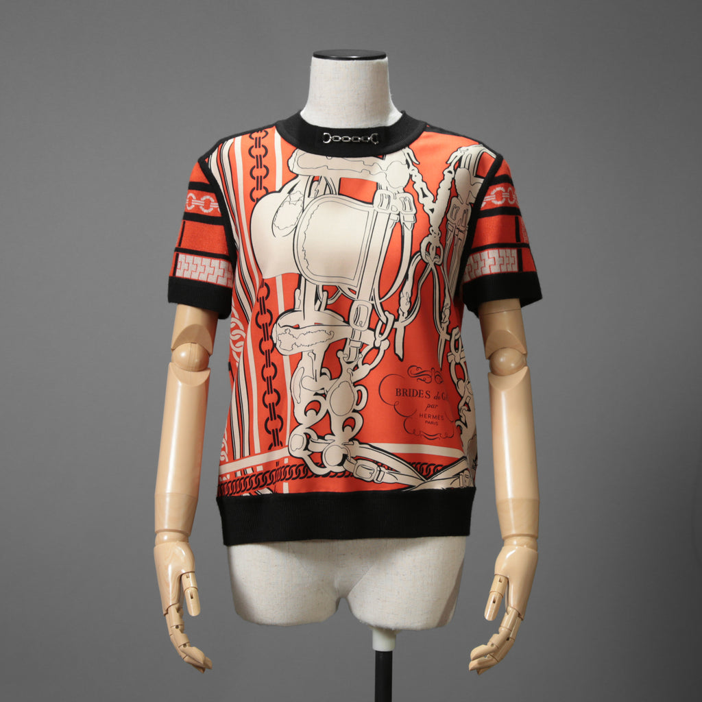 HERMES エルメス / 23-24AW 美品 Brides de Gala et Chaînes 半袖ニット / ブリッド・ドゥ・ガラ・エ・シェーヌ プリント ツイルレーヌニット / セーター / size 40 (ORANGEx BLACK) レディース 国内正規品