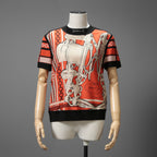 HERMES エルメス / 23-24AW 美品 Brides de Gala et Chaînes 半袖ニット / ブリッド・ドゥ・ガラ・エ・シェーヌ プリント ツイルレーヌニット / セーター / size 40 (ORANGEx BLACK) レディース 国内正規品