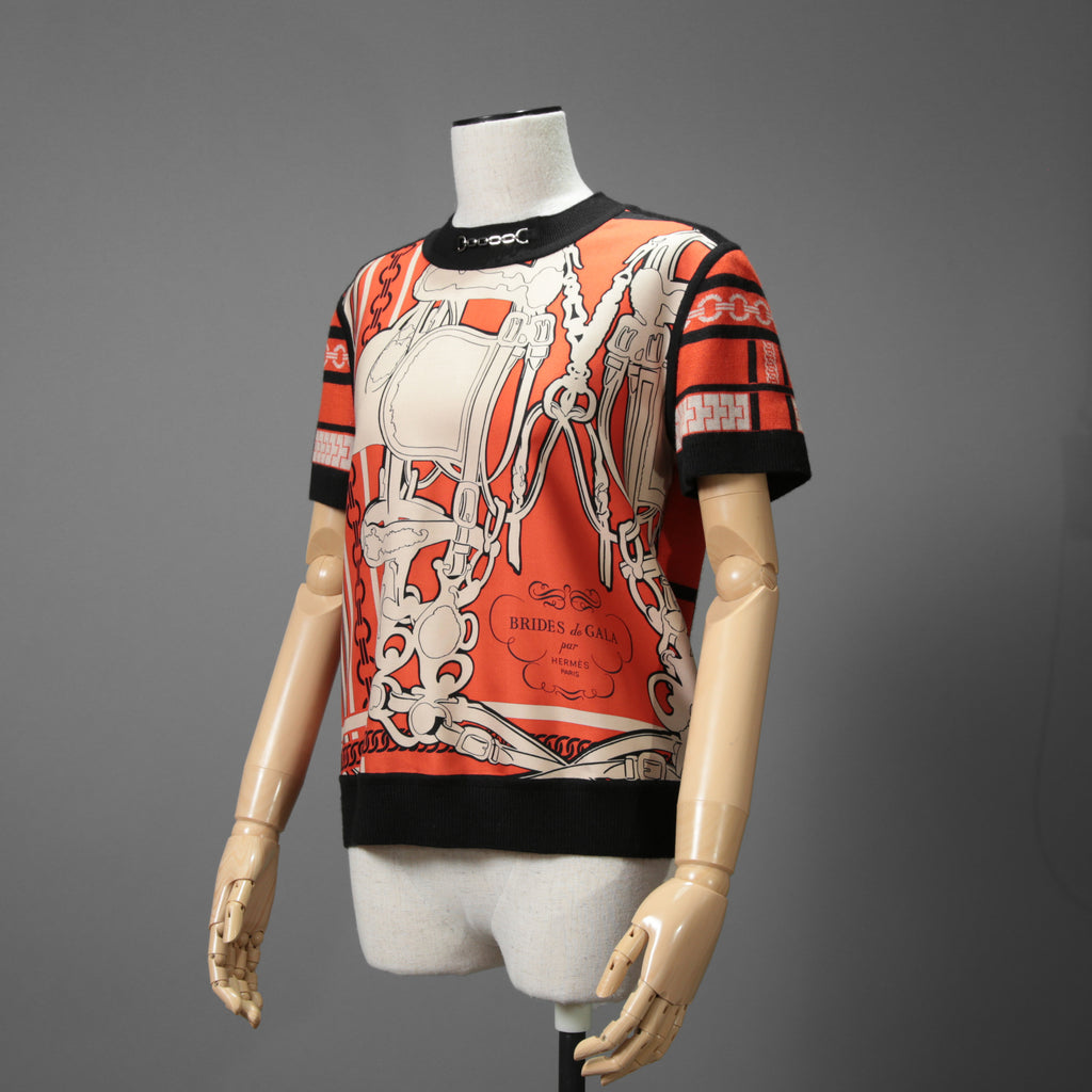 HERMES エルメス / 23-24AW 美品 Brides de Gala et Chaînes 半袖ニット / ブリッド・ドゥ・ガラ・エ・シェーヌ プリント ツイルレーヌニット / セーター / size 40 (ORANGEx BLACK) レディース 国内正規品