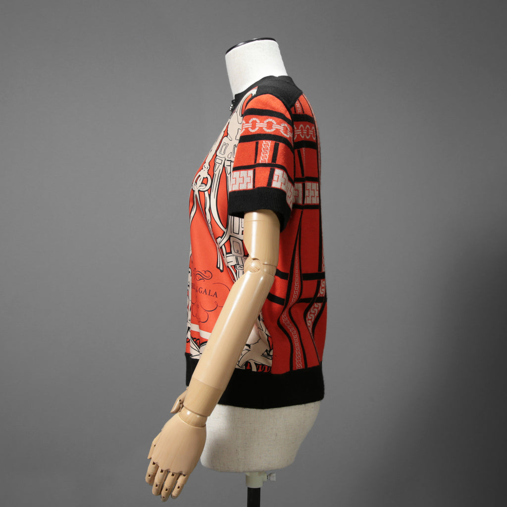 HERMES エルメス / 23-24AW 美品 Brides de Gala et Chaînes 半袖ニット / ブリッド・ドゥ・ガラ・エ・シェーヌ プリント ツイルレーヌニット / セーター / size 40 (ORANGEx BLACK) レディース 国内正規品