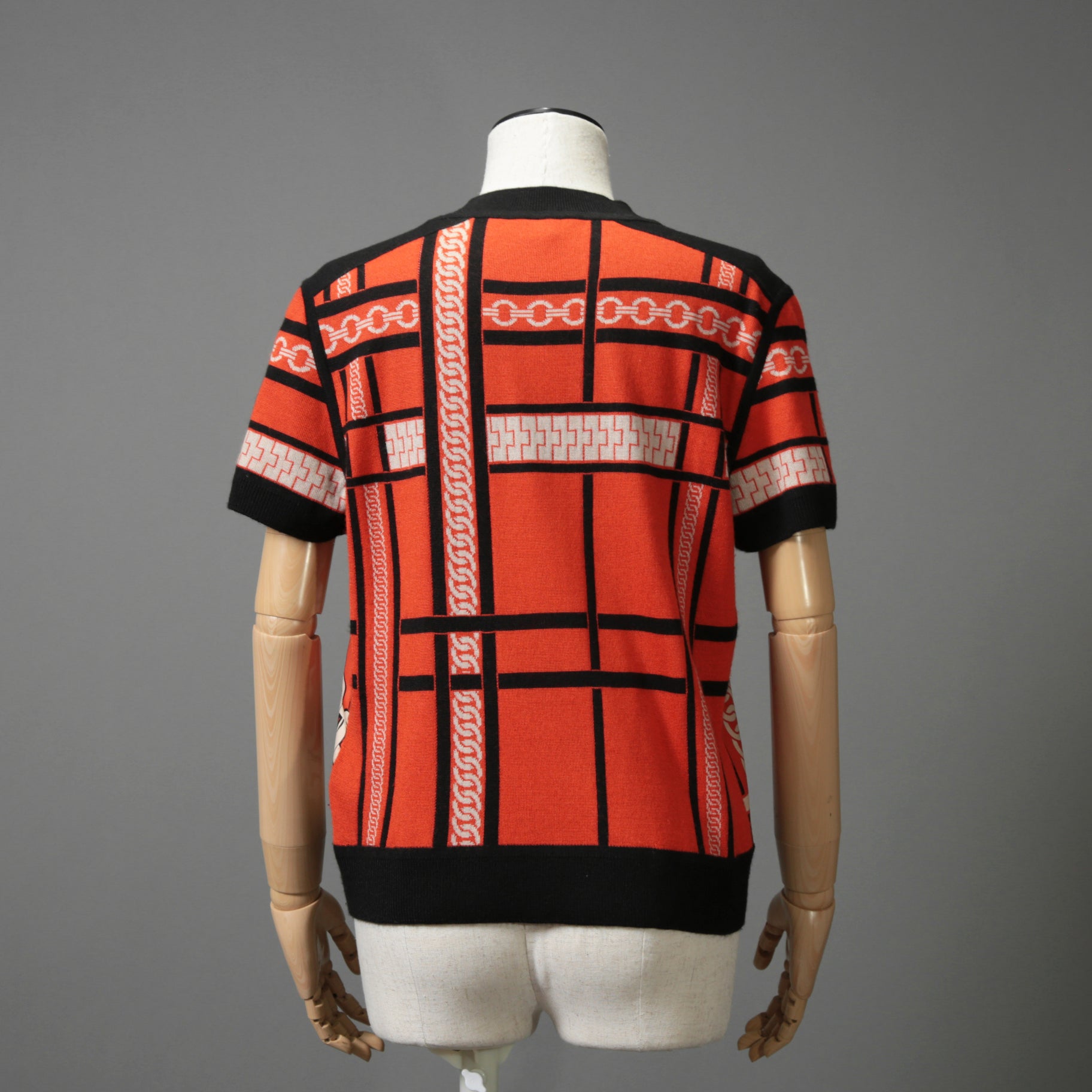 HERMES エルメス / 23-24AW 美品 Brides de Gala et Chaînes 半袖ニット / ブリッド・ドゥ・ガラ・エ・シェーヌ プリント ツイルレーヌニット / セーター / size 40 (ORANGEx BLACK) レディース 国内正規品