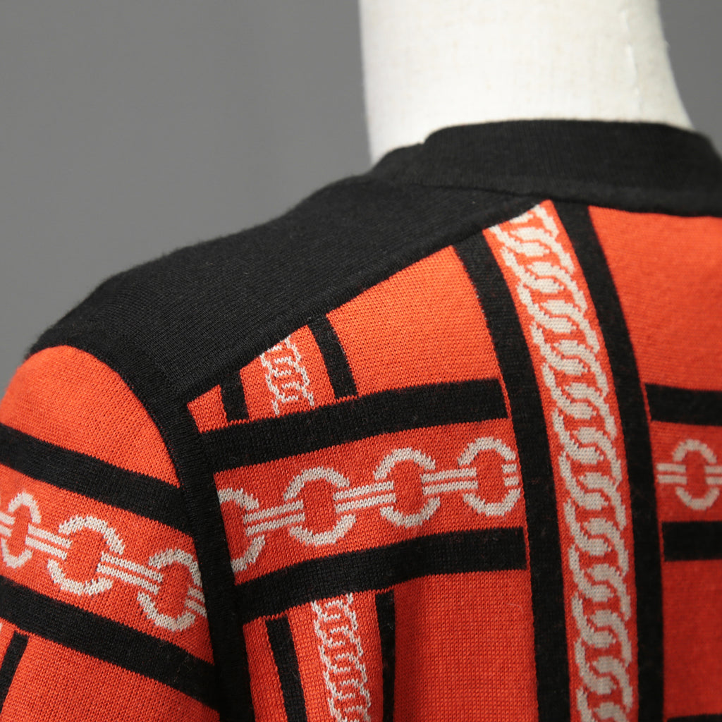 HERMES エルメス / 23-24AW 美品 Brides de Gala et Chaînes 半袖ニット / ブリッド・ドゥ・ガラ・エ・シェーヌ プリント ツイルレーヌニット / セーター / size 40 (ORANGEx BLACK) レディース 国内正規品