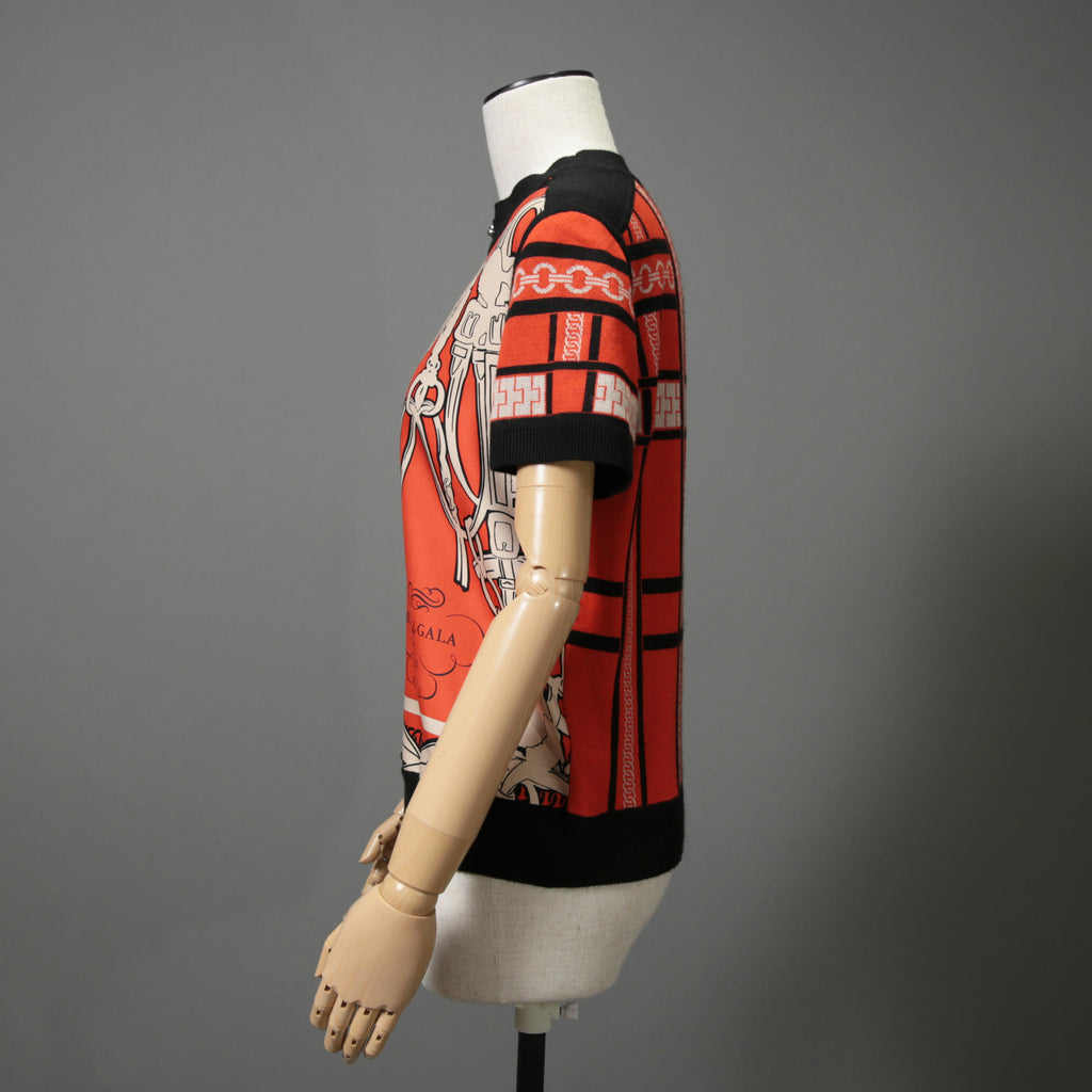 HERMES エルメス / 23-24AW 美品 Brides de Gala et Chaînes 半袖ニット / ブリッド・ドゥ・ガラ・エ・シェーヌ プリント ツイルレーヌニット / セーター / size 40 (ORANGEx BLACK) レディース 国内正規品