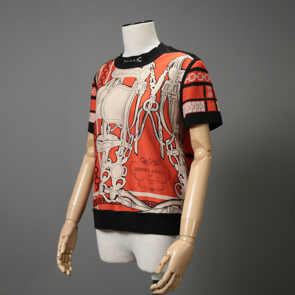HERMES エルメス / 23-24AW 美品 Brides de Gala et Chaînes 半袖ニット / ブリッド・ドゥ・ガラ・エ・シェーヌ プリント ツイルレーヌニット / セーター / size 40 (ORANGEx BLACK) レディース 国内正規品