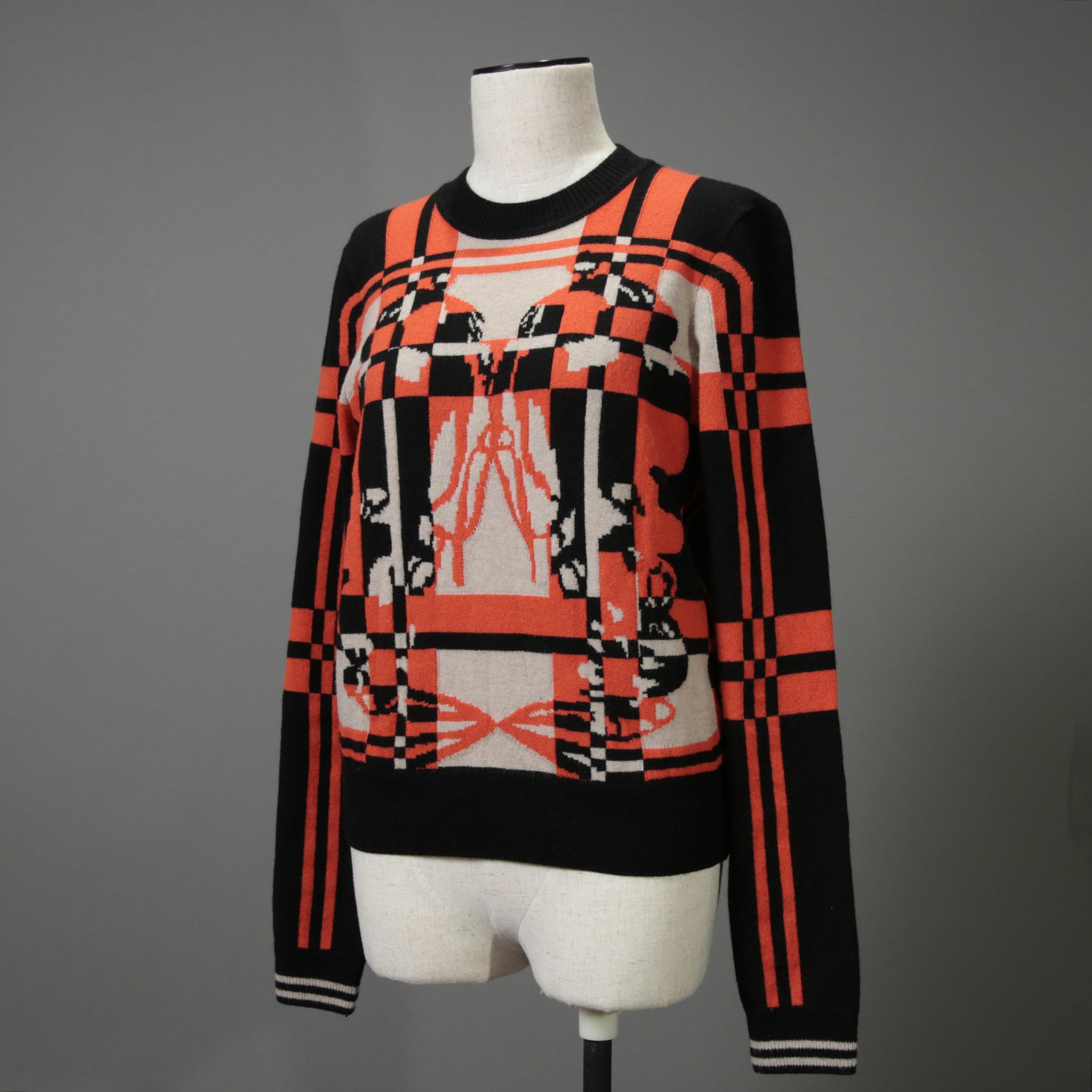 HERMES エルメス / 23-24AW 美品 BRIDES DE GALA TARTAN カシミヤ 長袖ニット / ブリッド・ドゥ・ガラ・タータン / 3H2620DD / セーター / size38 (ORANGE x BLACK) レディース 国内正規品