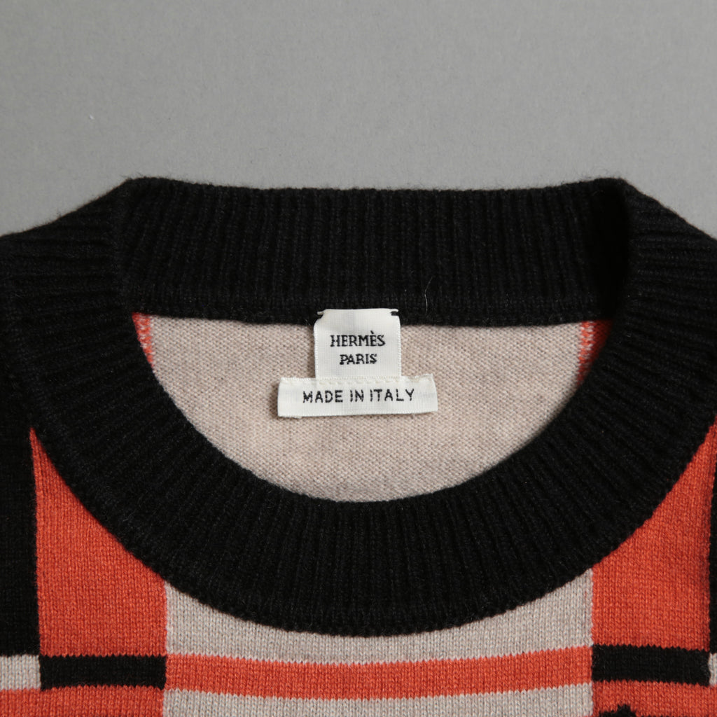 HERMES エルメス / 23-24AW 美品 BRIDES DE GALA TARTAN カシミヤ 長袖ニット / ブリッド・ドゥ・ガラ・タータン / 3H2620DD / セーター / size38 (ORANGE x BLACK) レディース 国内正規品