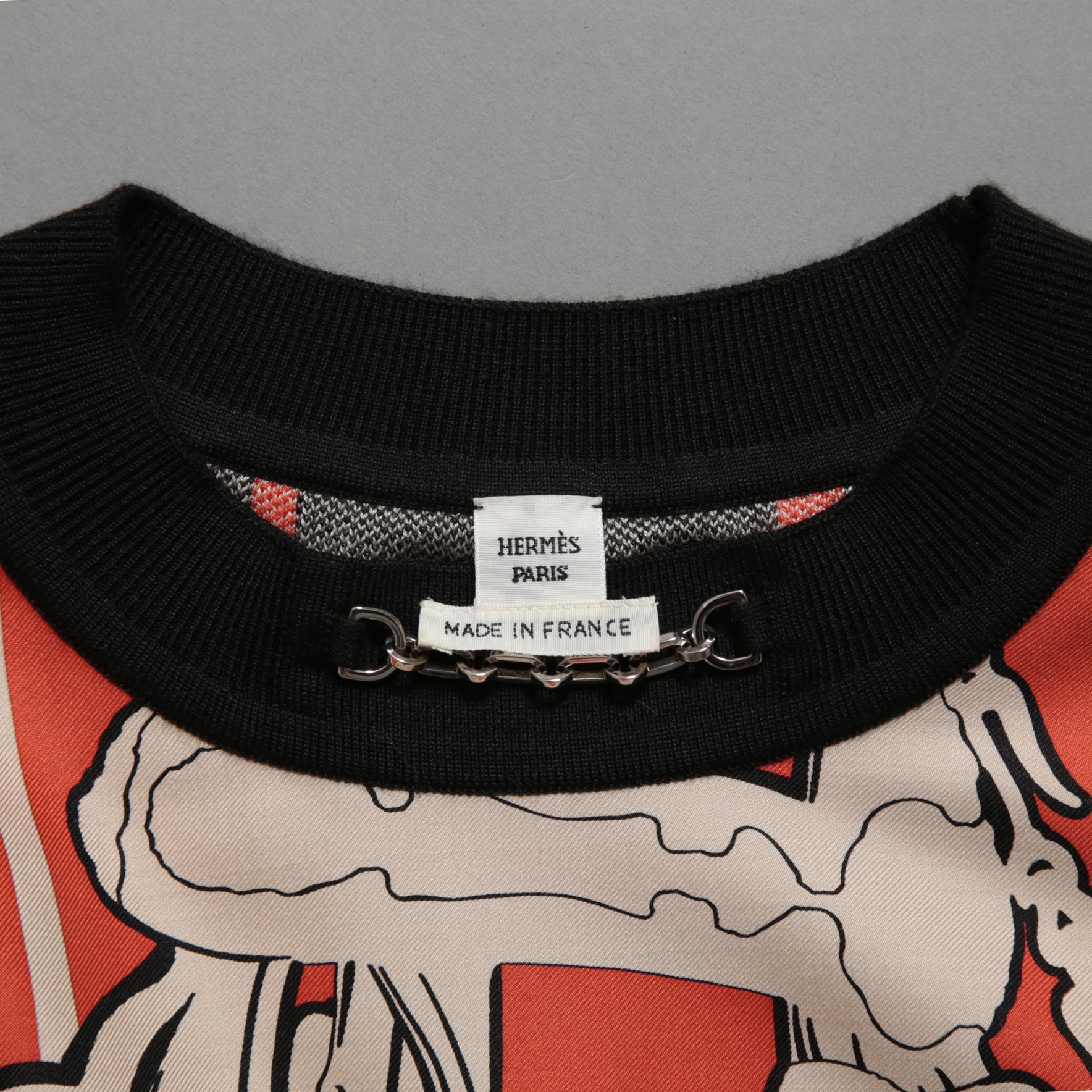 HERMES エルメス / 23-24AW 美品 Brides de Gala et Chaînes 半袖ニット / ブリッド・ドゥ・ガラ・エ・シェーヌ プリント ツイルレーヌニット / セーター / size 40 (ORANGEx BLACK) レディース 国内正規品