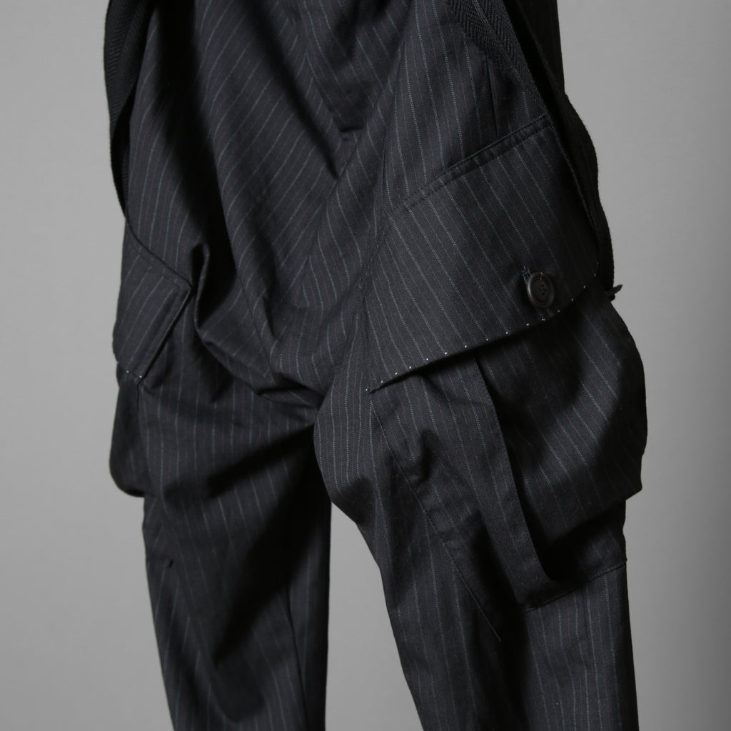 Geoffrey B.Small ジェフリー ビースモール / 24AW 美品 HUSE 別注 / advanced drop-crotch tailored cargo pocket trouser / Biella 100% wool Tasmania 120'sカーゴパンツ / size 42  (hand wash dark grey w/blue & purple stripe)