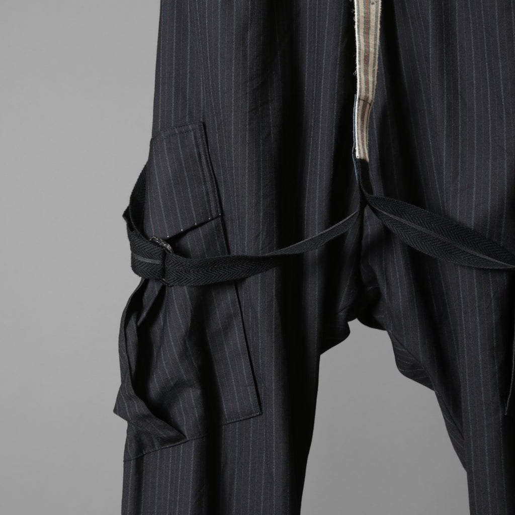 Geoffrey B.Small ジェフリー ビースモール / 24AW 美品 HUSE 別注 / advanced drop-crotch tailored cargo pocket trouser / Biella 100% wool Tasmania 120'sカーゴパンツ / size 42  (hand wash dark grey w/blue & purple stripe)