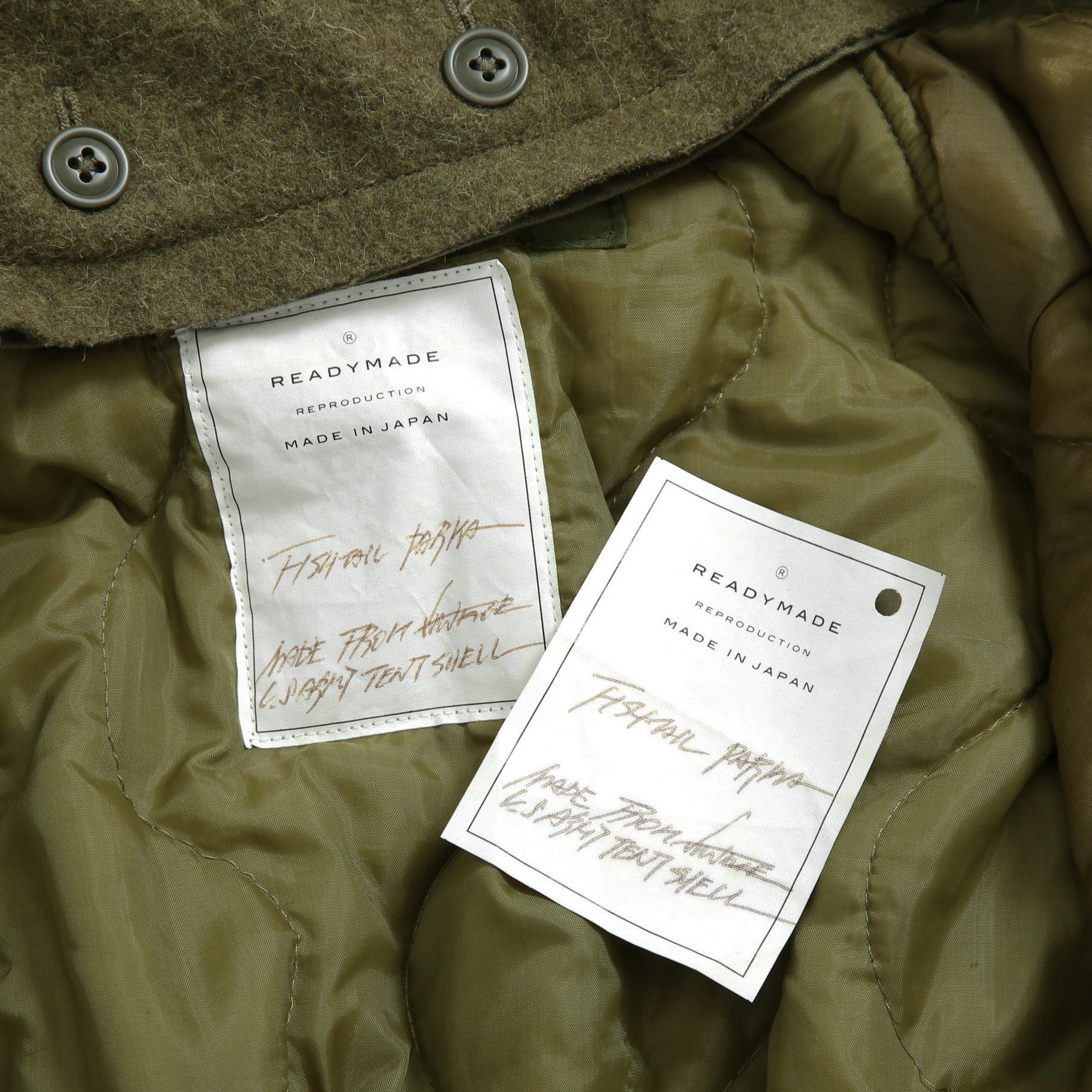 新品 READYMADE レディメイド / FISHTAIL PARKA ライナー付き / VINTAGE U.S ARMY TENT / size 1 (KHKAI) コート