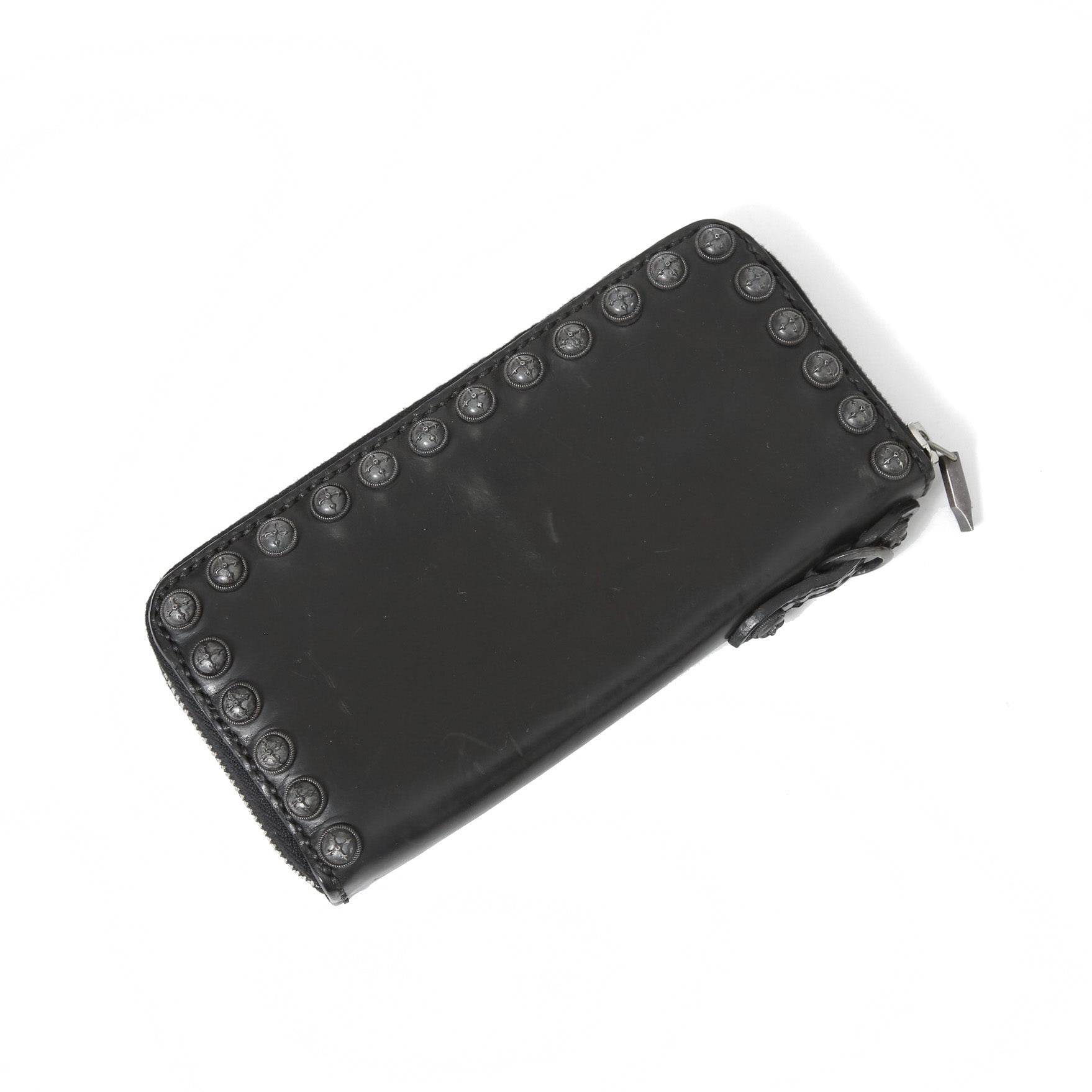 一点物 新品 イサムカタヤマ バックラッシュTHELINE / GUIDI カーフ / シルバー スタッズ ラウンドジップ ウォレット / BLACK 長財布