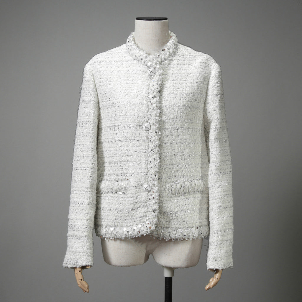 VALENTINO ヴァレンティノ / 22AW 美品 ツイード ワンスタッズ ノーカラージャケット / XB3CE27H6U1 / size 36 (WHITE) レディース