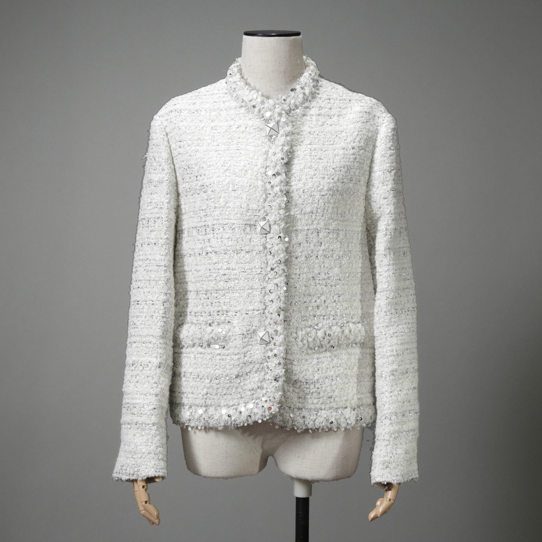 VALENTINO ヴァレンティノ / 22AW 美品 ツイード ワンスタッズ ノーカラージャケット / XB3CE27H6U1 / size 36 (WHITE) レディース