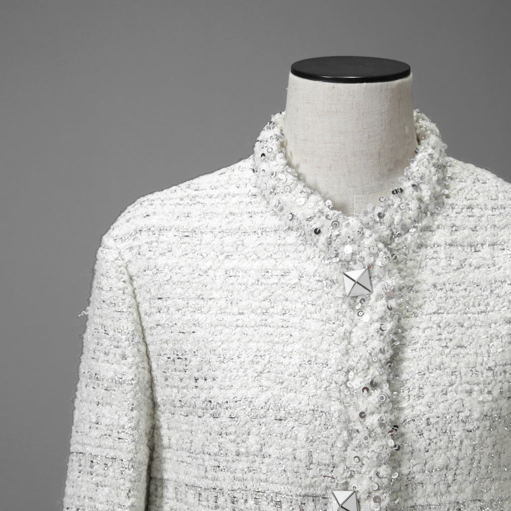 VALENTINO ヴァレンティノ / 22AW 美品 ツイード ワンスタッズ ノーカラージャケット / XB3CE27H6U1 / size 36 (WHITE) レディース