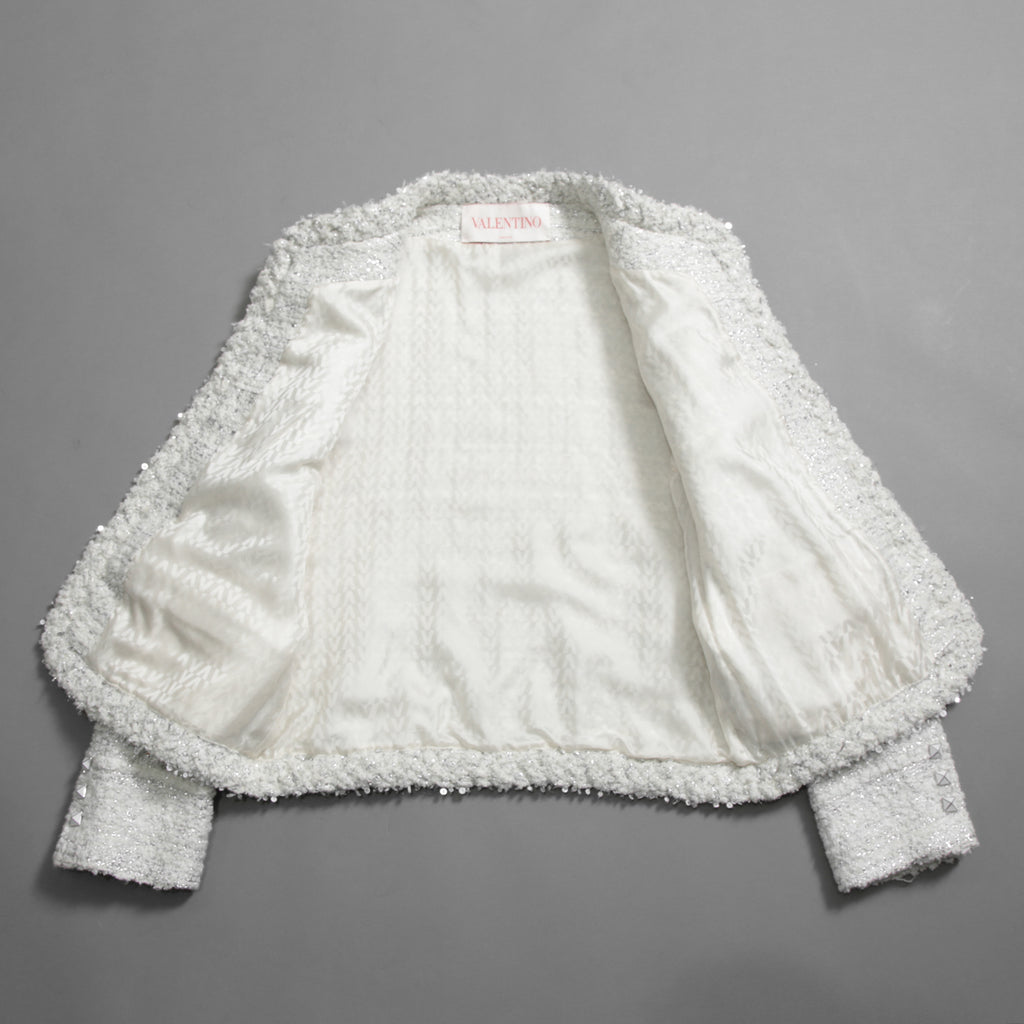 VALENTINO ヴァレンティノ / 22AW 美品 ツイード ワンスタッズ ノーカラージャケット / XB3CE27H6U1 / size 36 (WHITE) レディース