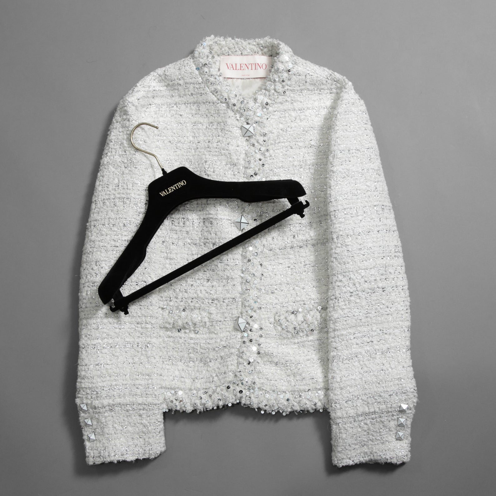 VALENTINO ヴァレンティノ / 22AW 美品 ツイード ワンスタッズ ノーカラージャケット / XB3CE27H6U1 / size 36 (WHITE) レディース