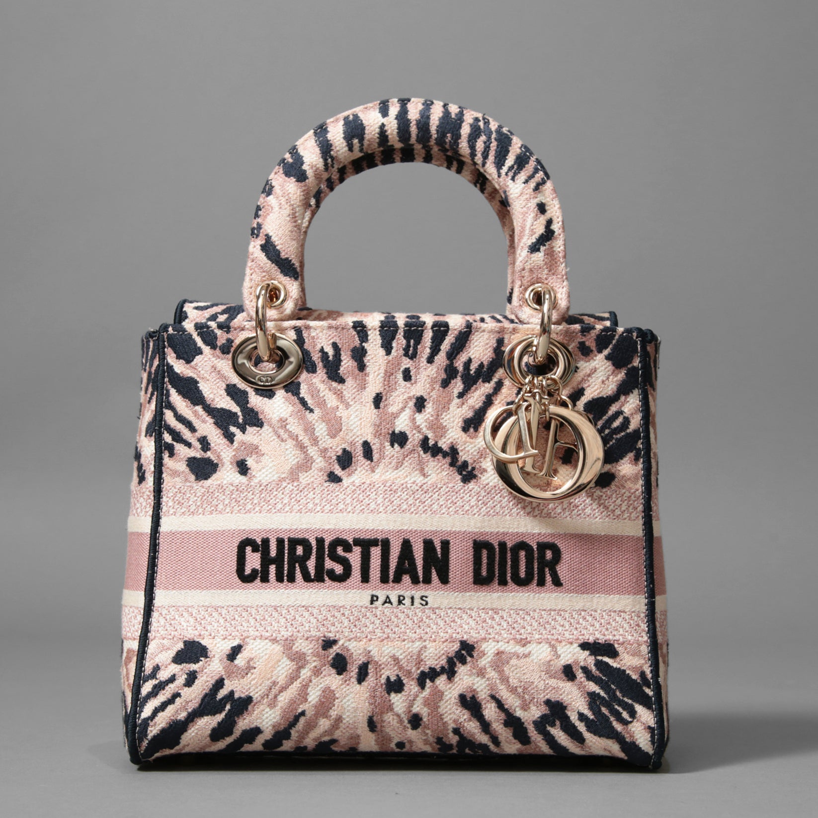 Dior クリスチャンディオール / 2021年リゾートコレクション 美品 Tie & Dior / Lady D-Lite レディ D-ライト ミディアム バッグ / キャンバス タイダイ柄 刺繍 / (PINK x NAVY) 3WAY トート ショルダー