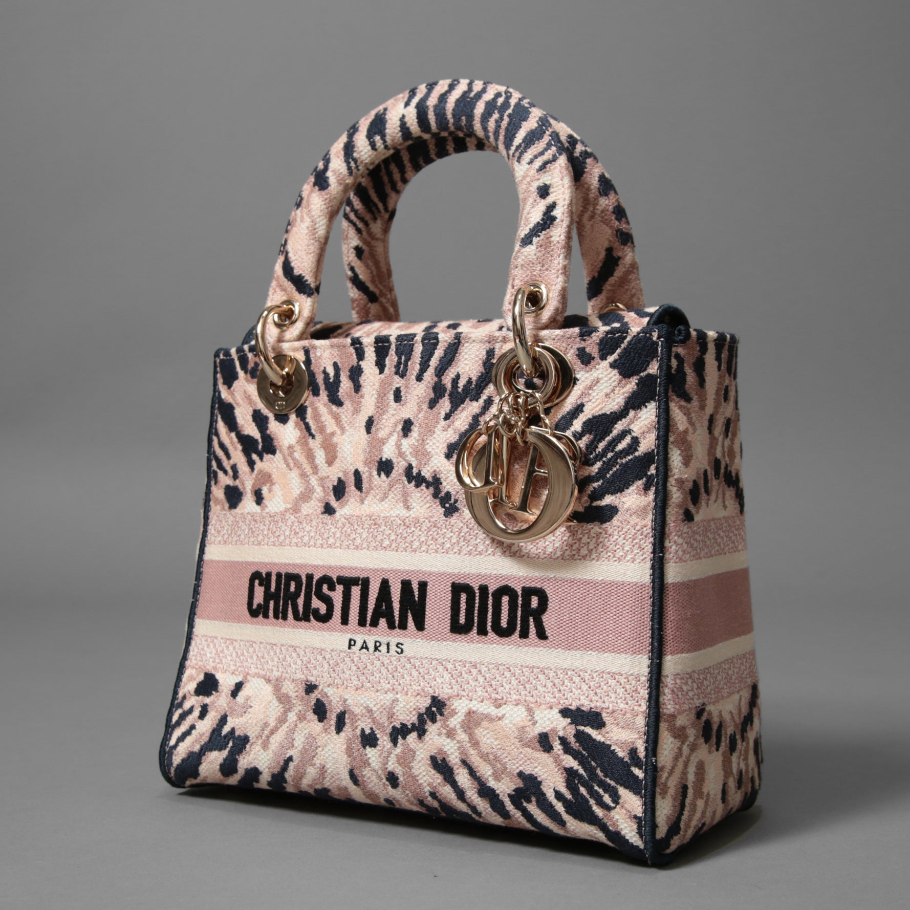 Dior クリスチャンディオール / 2021年リゾートコレクション 美品 Tie & Dior / Lady D-Lite レディ D-ライト ミディアム バッグ / キャンバス タイダイ柄 刺繍 / (PINK x NAVY) 3WAY トート ショルダー