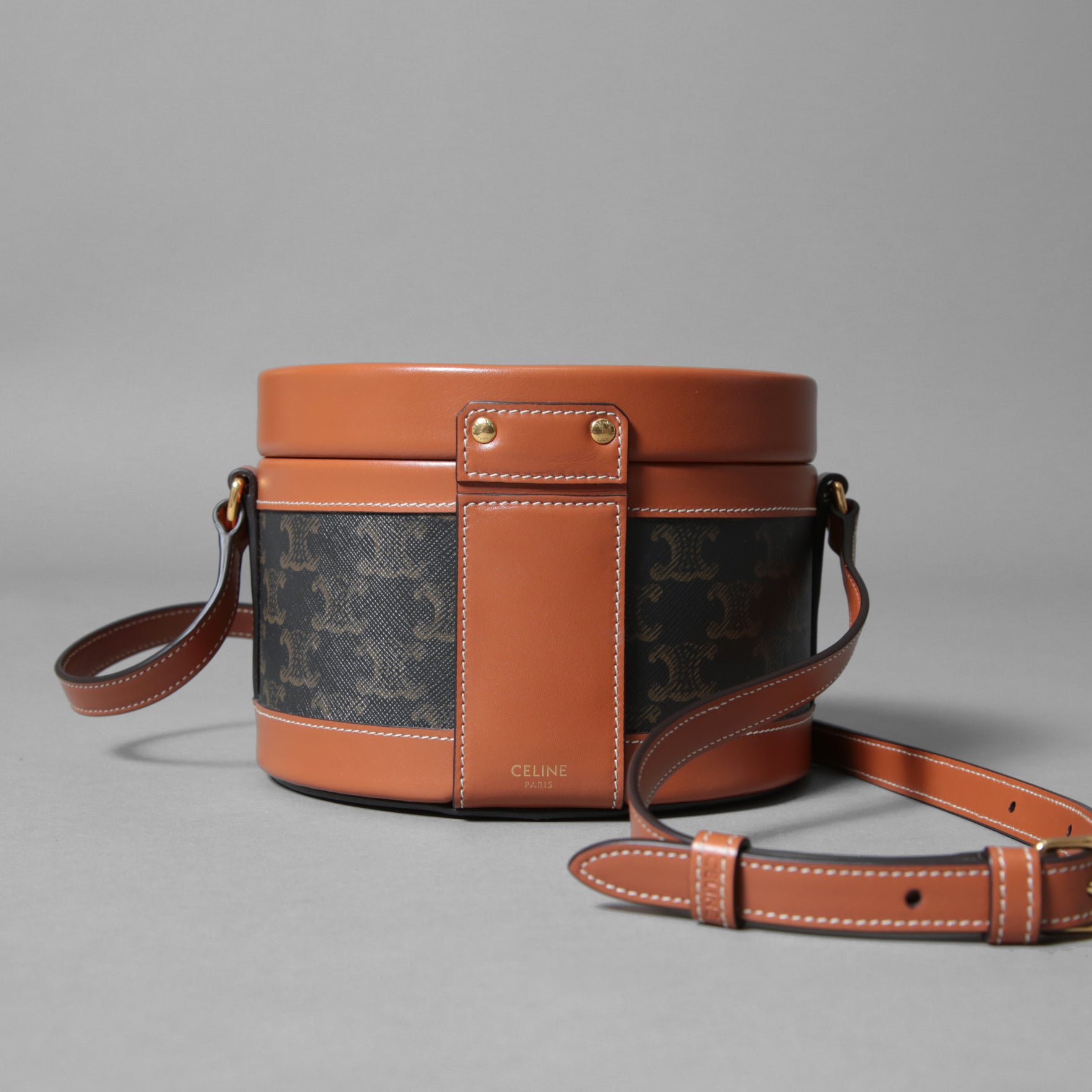 CELINE セリーヌ / 美品 TAMBOUR MEDIUM / トリオンフ タンブール ミディアム バッグ / PVC & カーフスキン (BLACK x TAN) ショルダーバッグ