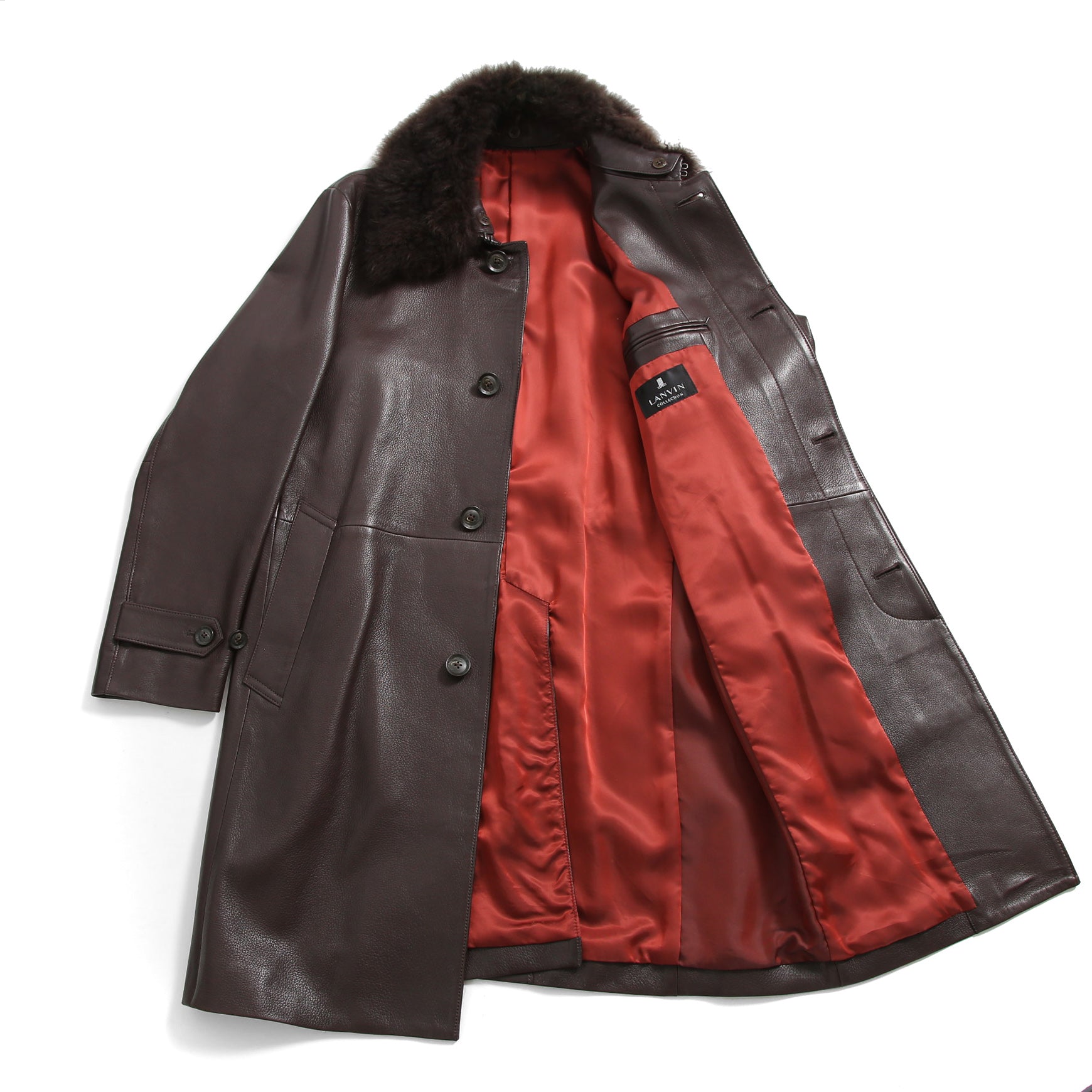 LANVIN COLLECTION ランバン コレクション / 極美品 定価55万 カシミアファー ラムレザー ロングコート / size 48 (BROWN)