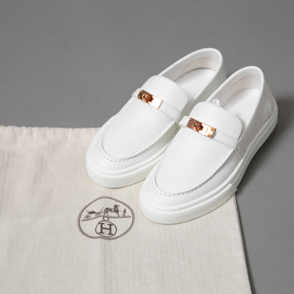 未使用 HERMES エルメス / ケリー金具 ゲーム スリッポン レザー スニーカー / カーフスキン / ローズゴールド バックル / size36 (23cm) WHITE シューズ