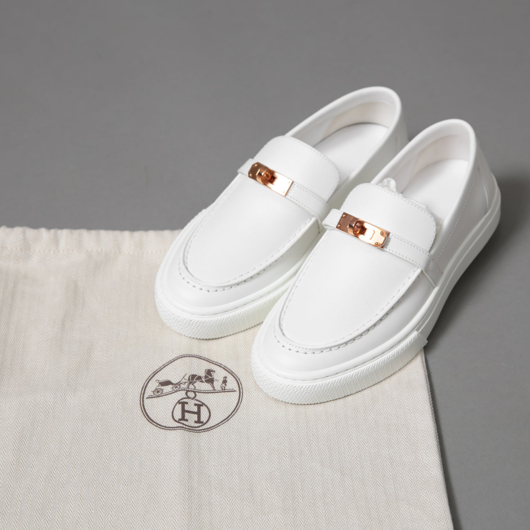 未使用 HERMES エルメス / ケリー金具 ゲーム スリッポン レザー スニーカー / カーフスキン / ローズゴールド バックル / size36 (23cm) WHITE シューズ