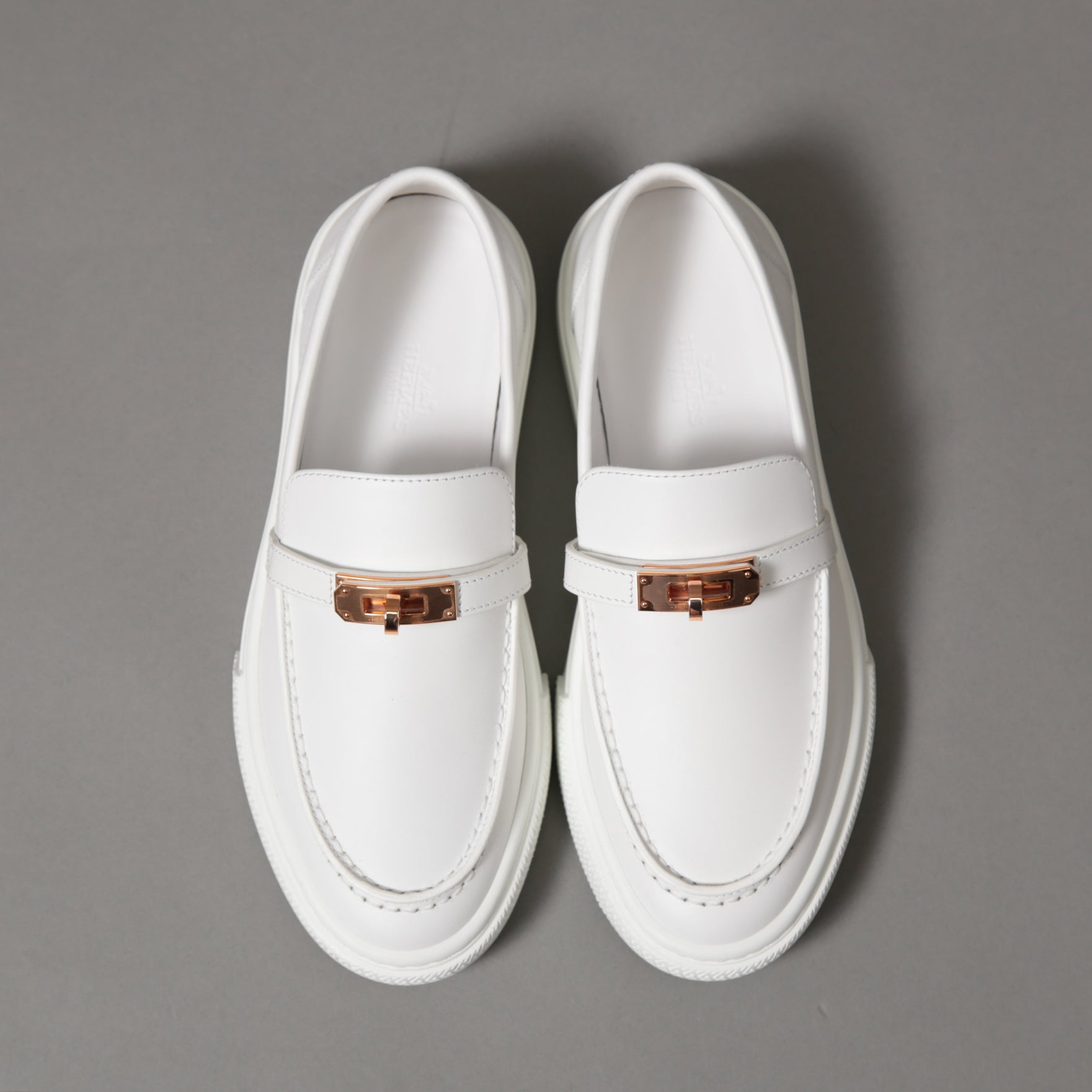 未使用 HERMES エルメス / ケリー金具 ゲーム スリッポン レザー スニーカー / カーフスキン / ローズゴールド バックル / size36 (23cm) WHITE シューズ