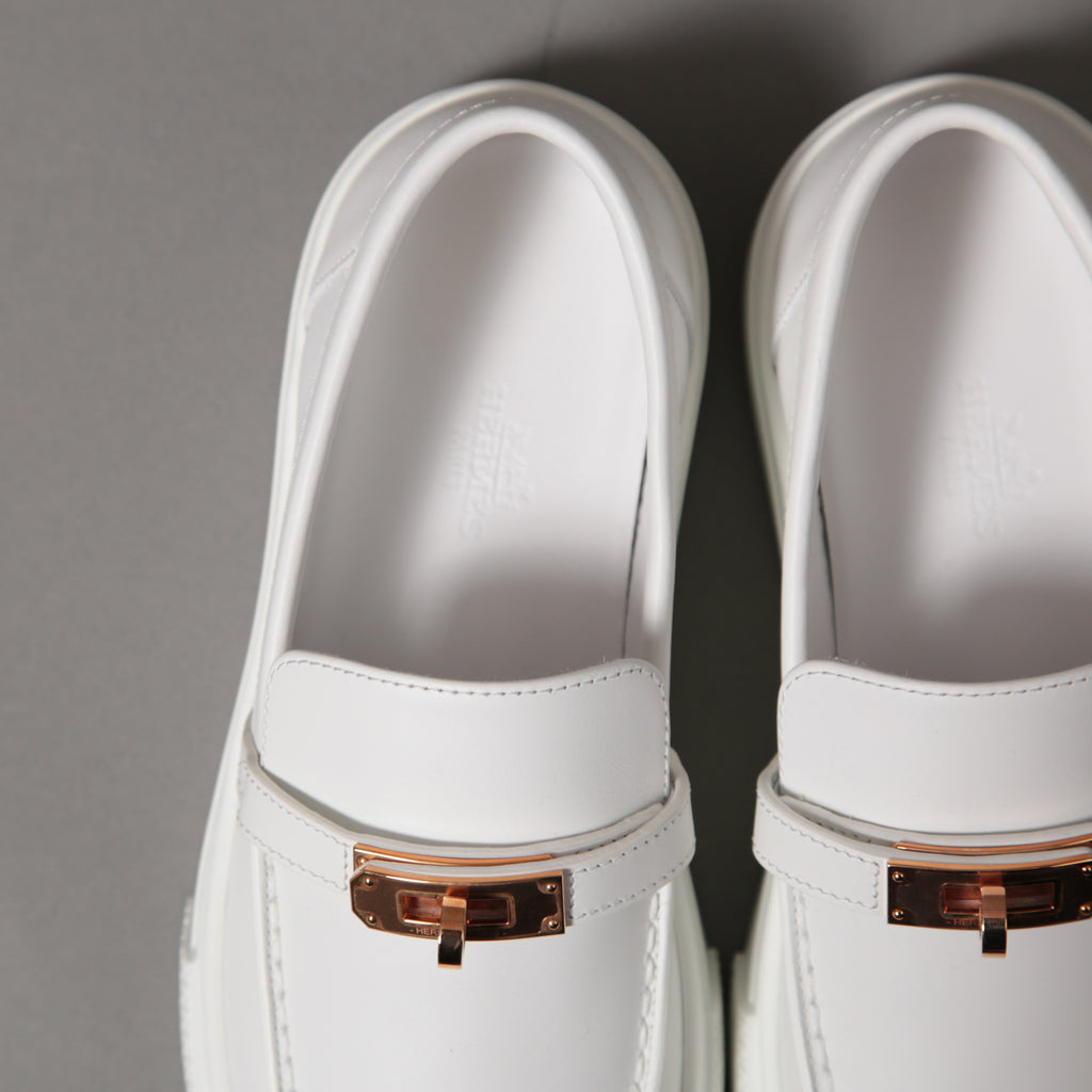 未使用 HERMES エルメス / ケリー金具 ゲーム スリッポン レザー スニーカー / カーフスキン / ローズゴールド バックル / size36 (23cm) WHITE シューズ