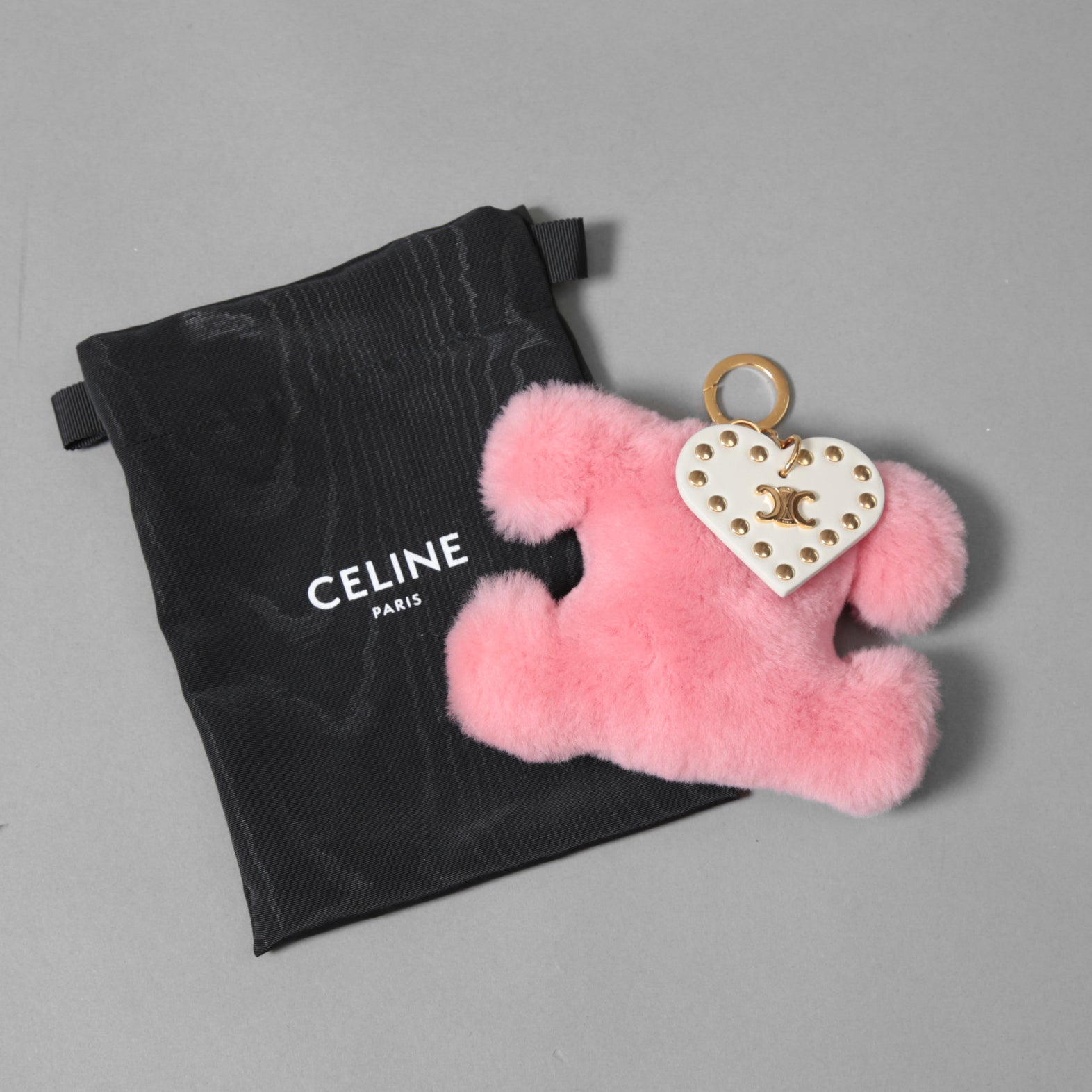 CELINE セリーヌ / 美品 トリオンフ ポンポン キーホルダー / ファー シアリング / カーフスキン ハート チャーム / 49J493GAV / キーリング / ピンク