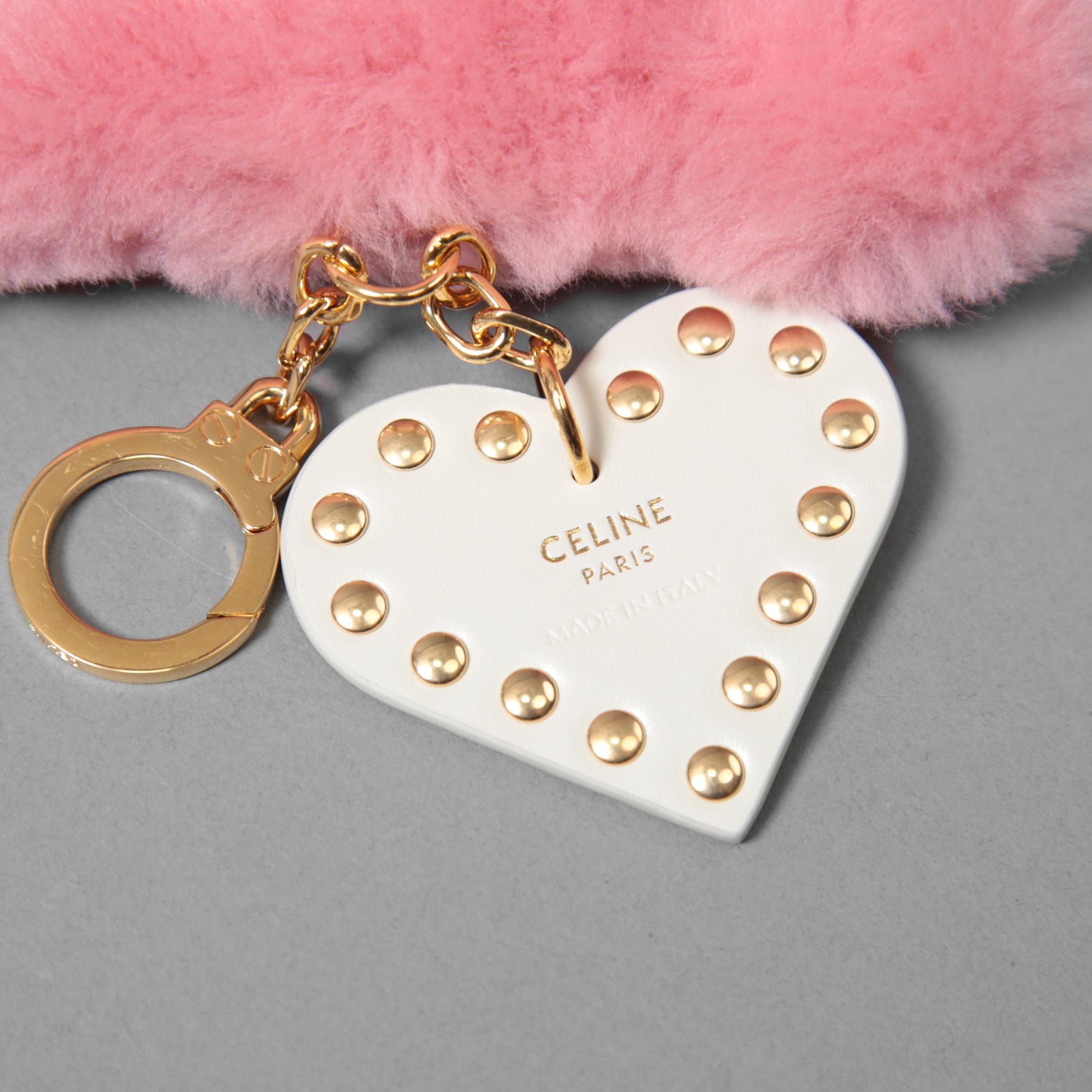 CELINE セリーヌ / 美品 トリオンフ ポンポン キーホルダー / ファー シアリング / カーフスキン ハート チャーム / 49J493GAV / キーリング / ピンク