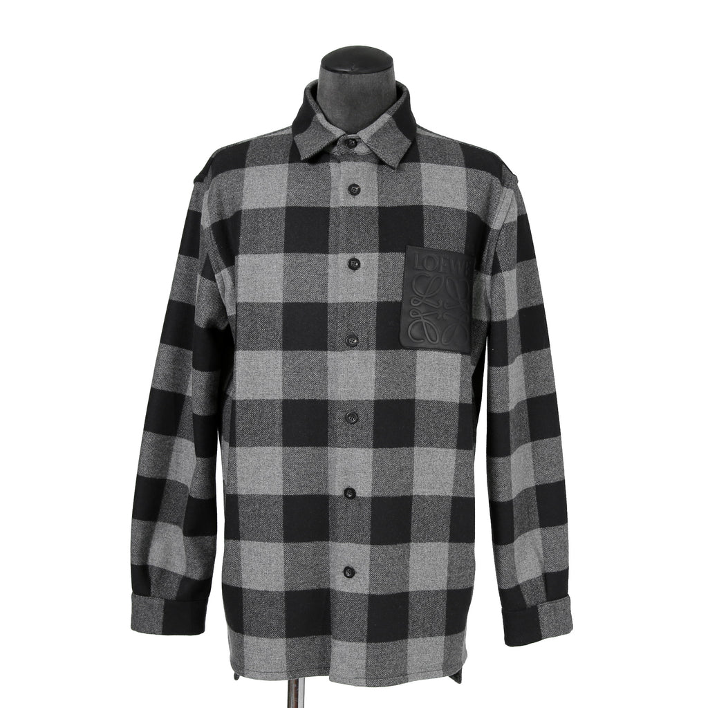 LOEWE ロエベ / 2019AW美品 ウールメルトン アナグラム レザーポケット チェック 長袖シャツ / size 46 (BLACK x GRAY)