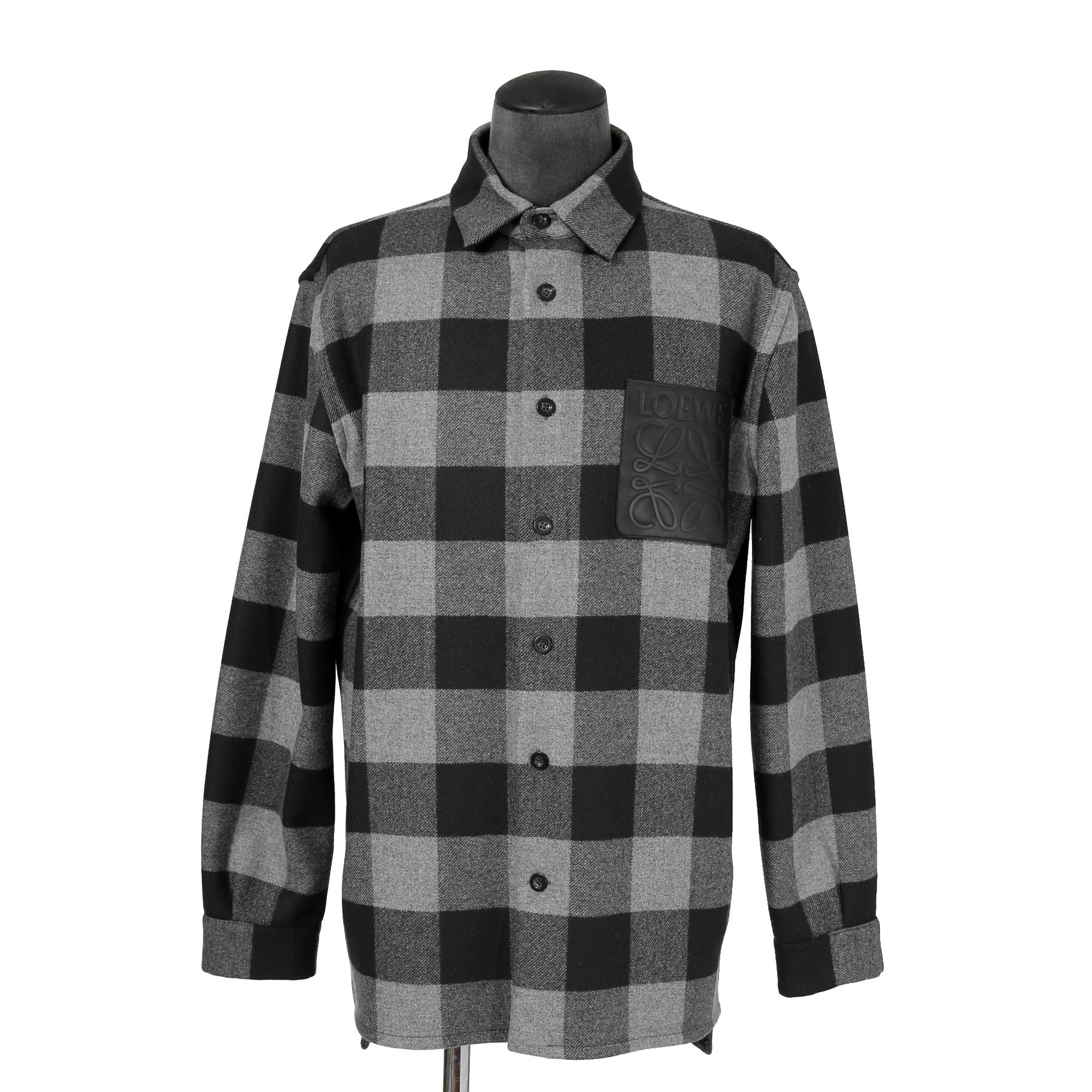 LOEWE ロエベ / 2019AW美品 ウールメルトン アナグラム レザーポケット チェック 長袖シャツ / size 46 (BLACK x GRAY)
