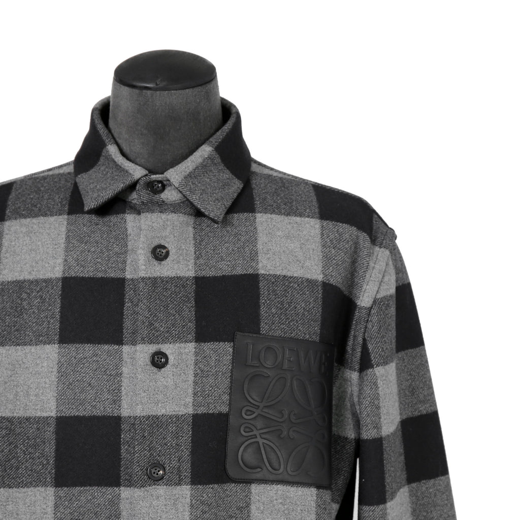 LOEWE ロエベ / 2019AW美品 ウールメルトン アナグラム レザーポケット チェック 長袖シャツ / size 46 (BLACK x GRAY)