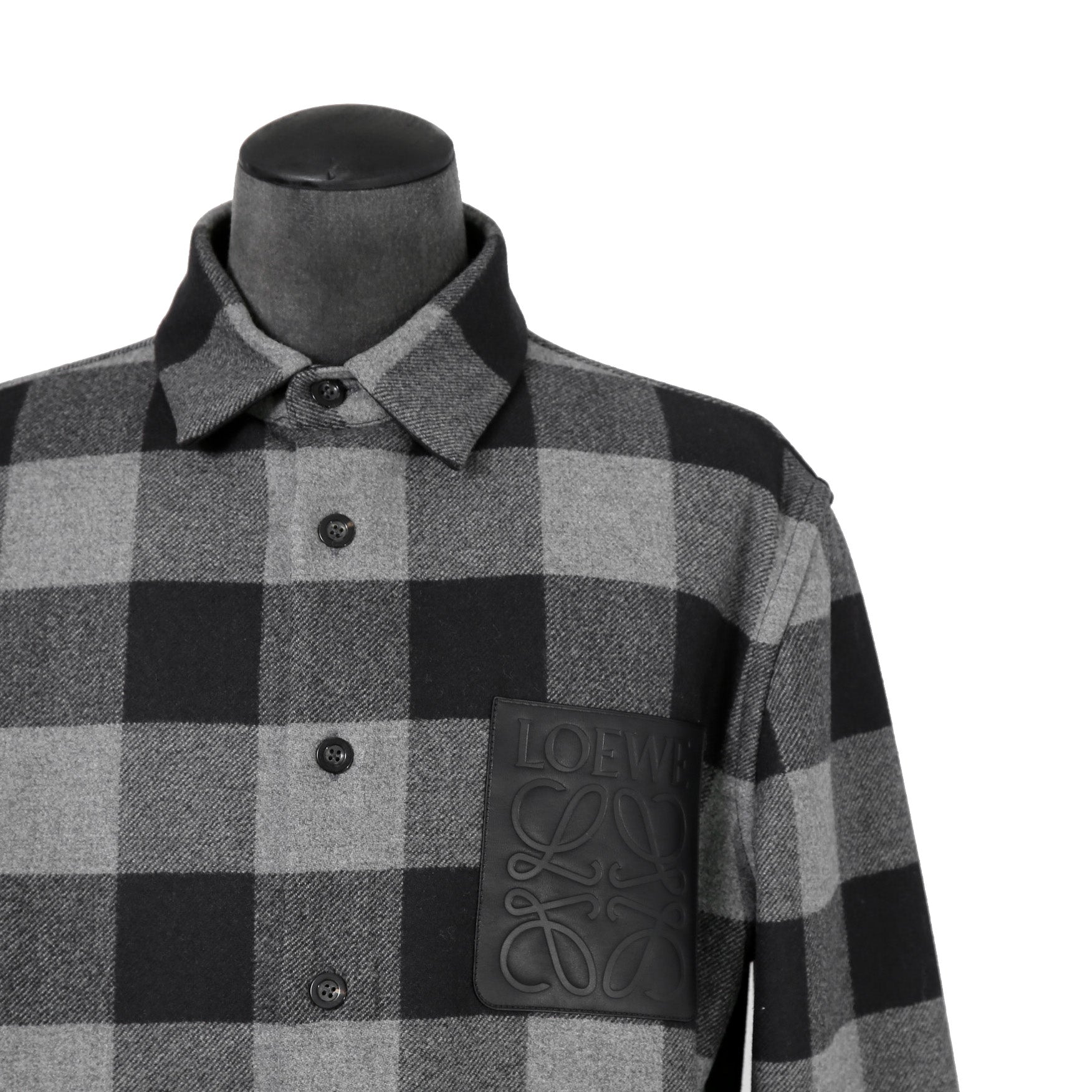 LOEWE ロエベ / 2019AW美品 ウールメルトン アナグラム レザーポケット チェック 長袖シャツ / size 46 (BLACK x GRAY)