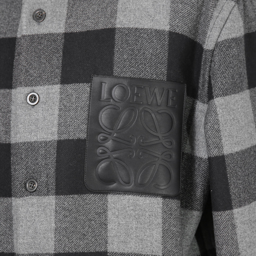 LOEWE ロエベ / 2019AW美品 ウールメルトン アナグラム レザーポケット チェック 長袖シャツ / size 46 (BLACK x GRAY)