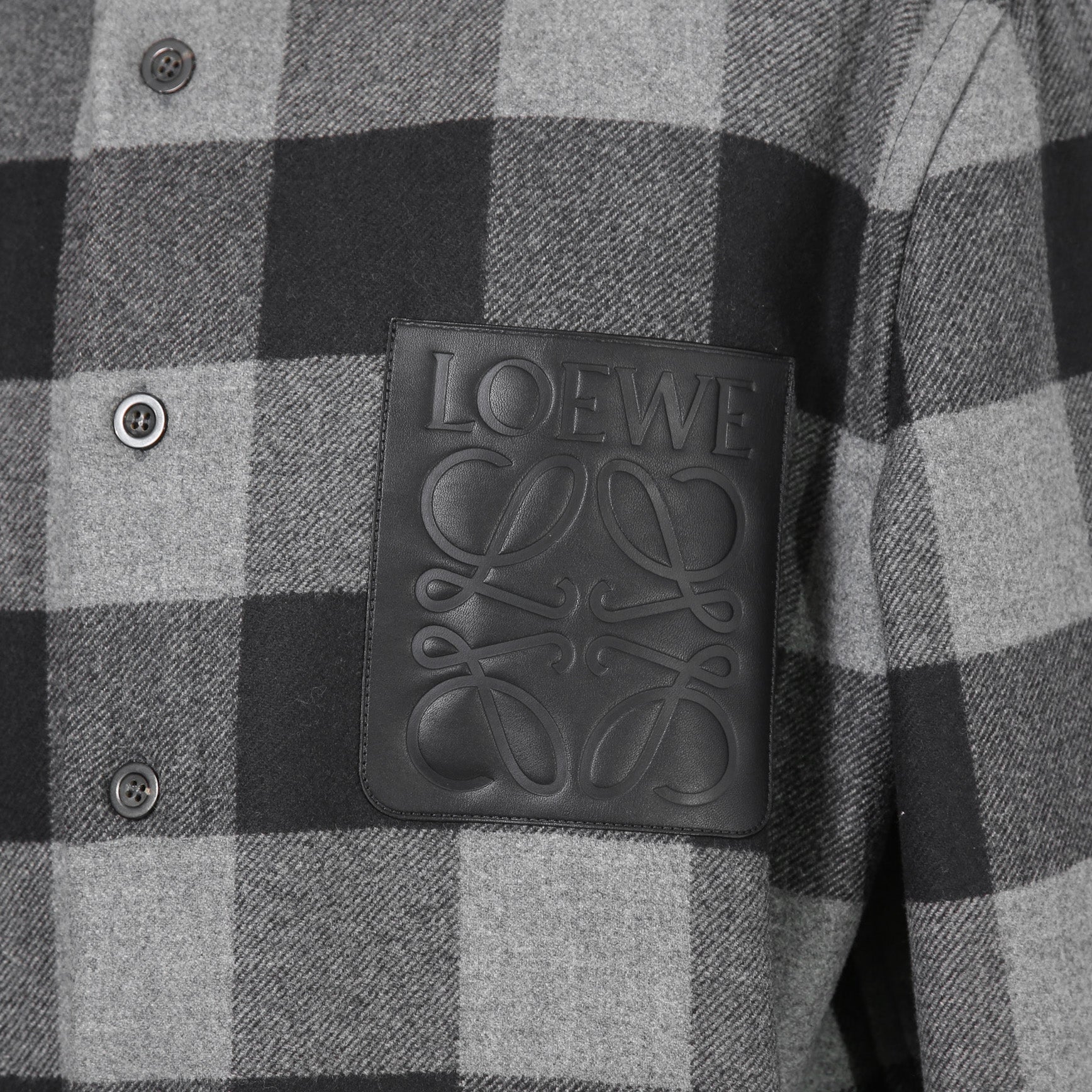 LOEWE ロエベ / 2019AW美品 ウールメルトン アナグラム レザーポケット チェック 長袖シャツ / size 46 (BLACK x GRAY)