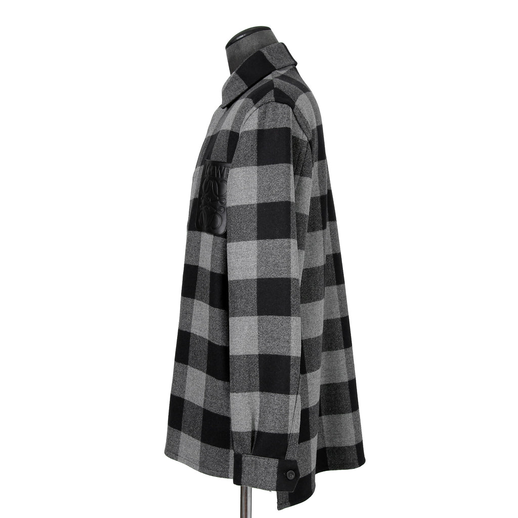 LOEWE ロエベ / 2019AW美品 ウールメルトン アナグラム レザーポケット チェック 長袖シャツ / size 46 (BLACK x GRAY)