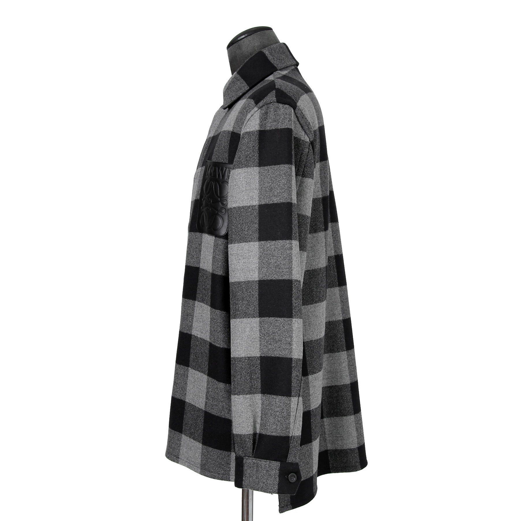 LOEWE ロエベ / 2019AW美品 ウールメルトン アナグラム レザーポケット チェック 長袖シャツ / size 46 (BLACK x GRAY)