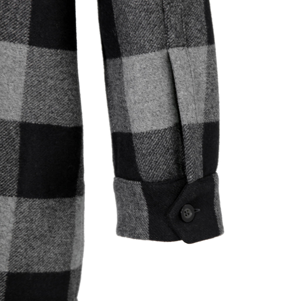 LOEWE ロエベ / 2019AW美品 ウールメルトン アナグラム レザーポケット チェック 長袖シャツ / size 46 (BLACK x GRAY)