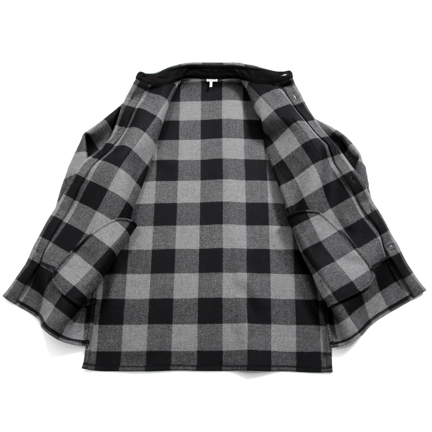 LOEWE ロエベ / 2019AW美品 ウールメルトン アナグラム レザーポケット チェック 長袖シャツ / size 46 (BLACK x GRAY)