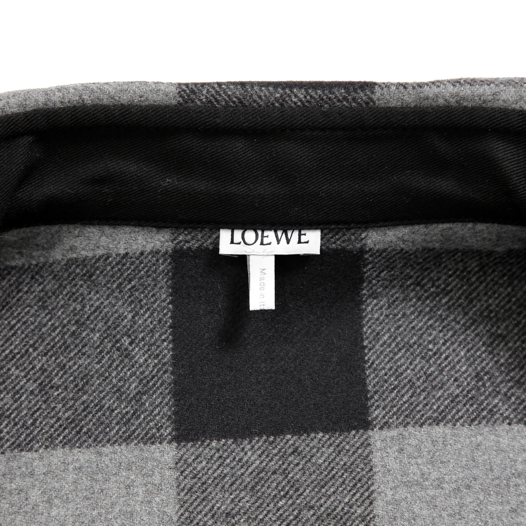 LOEWE ロエベ / 2019AW美品 ウールメルトン アナグラム レザーポケット チェック 長袖シャツ / size 46 (BLACK x GRAY)