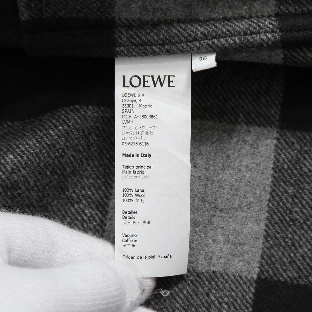 LOEWE ロエベ / 2019AW美品 ウールメルトン アナグラム レザーポケット チェック 長袖シャツ / size 46 (BLACK x GRAY)