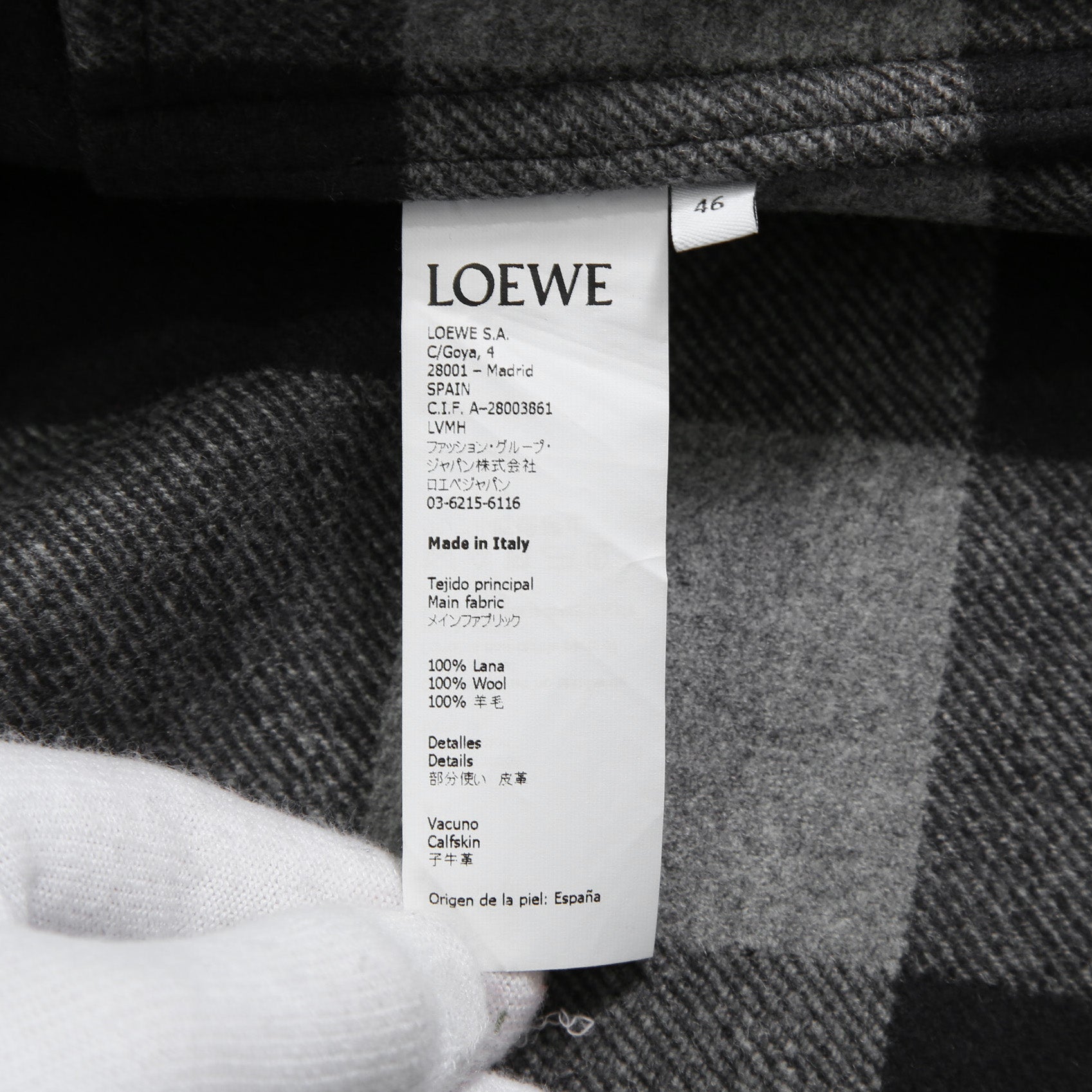 LOEWE ロエベ / 2019AW美品 ウールメルトン アナグラム レザーポケット チェック 長袖シャツ / size 46 (BLACK x GRAY)