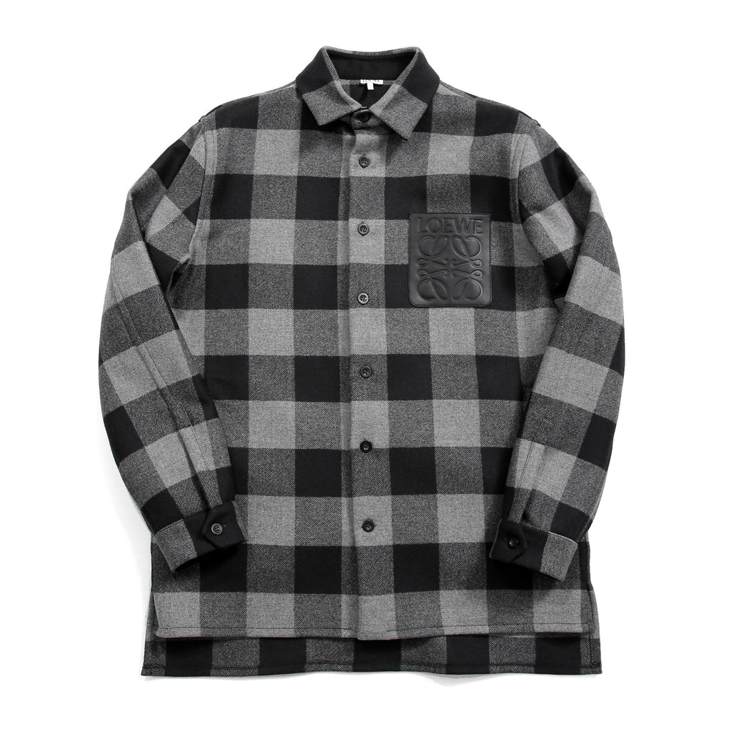 LOEWE ロエベ / 2019AW美品 ウールメルトン アナグラム レザーポケット チェック 長袖シャツ / size 46 (BLACK x GRAY)