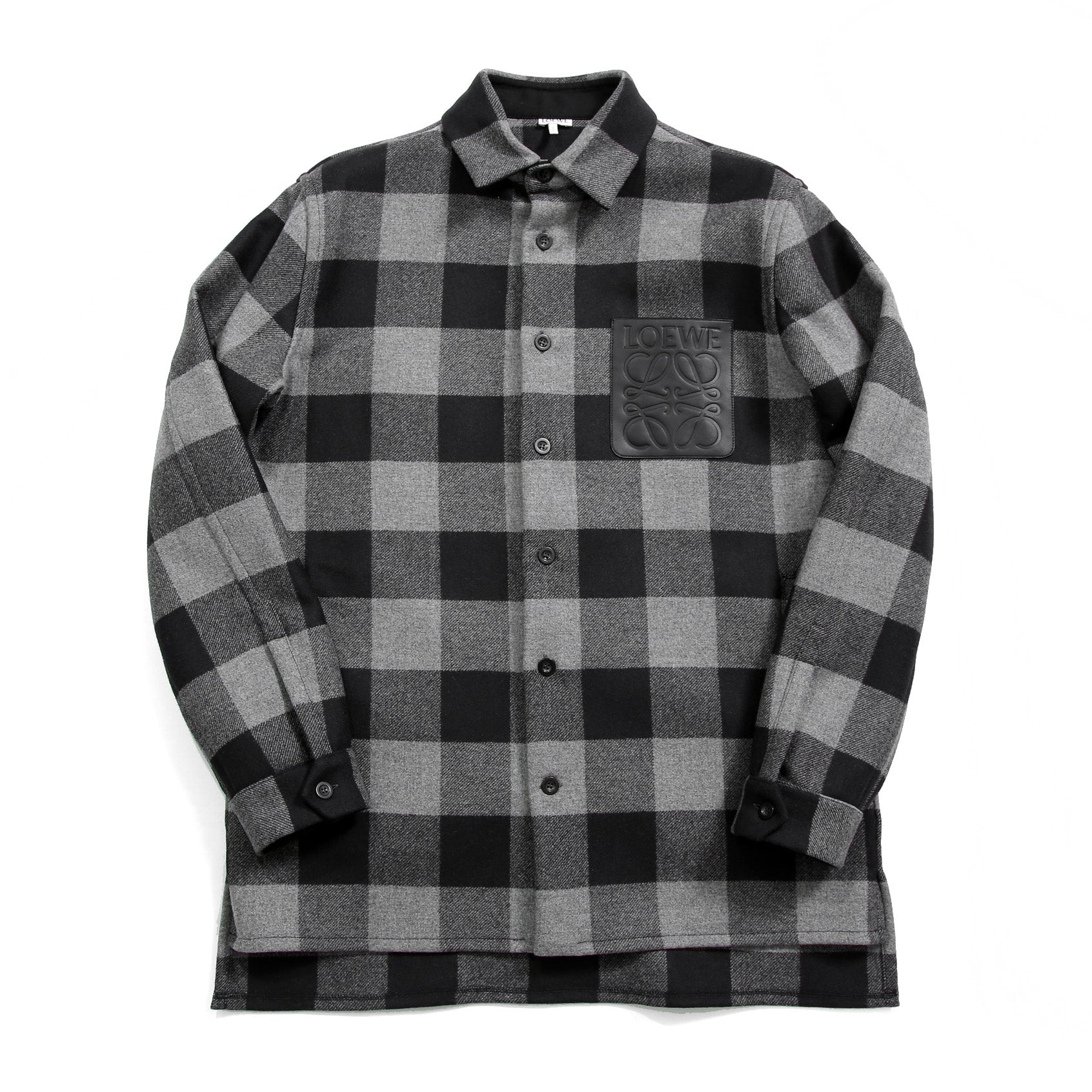 LOEWE ロエベ / 2019AW美品 ウールメルトン アナグラム レザーポケット チェック 長袖シャツ / size 46 (BLACK x GRAY)
