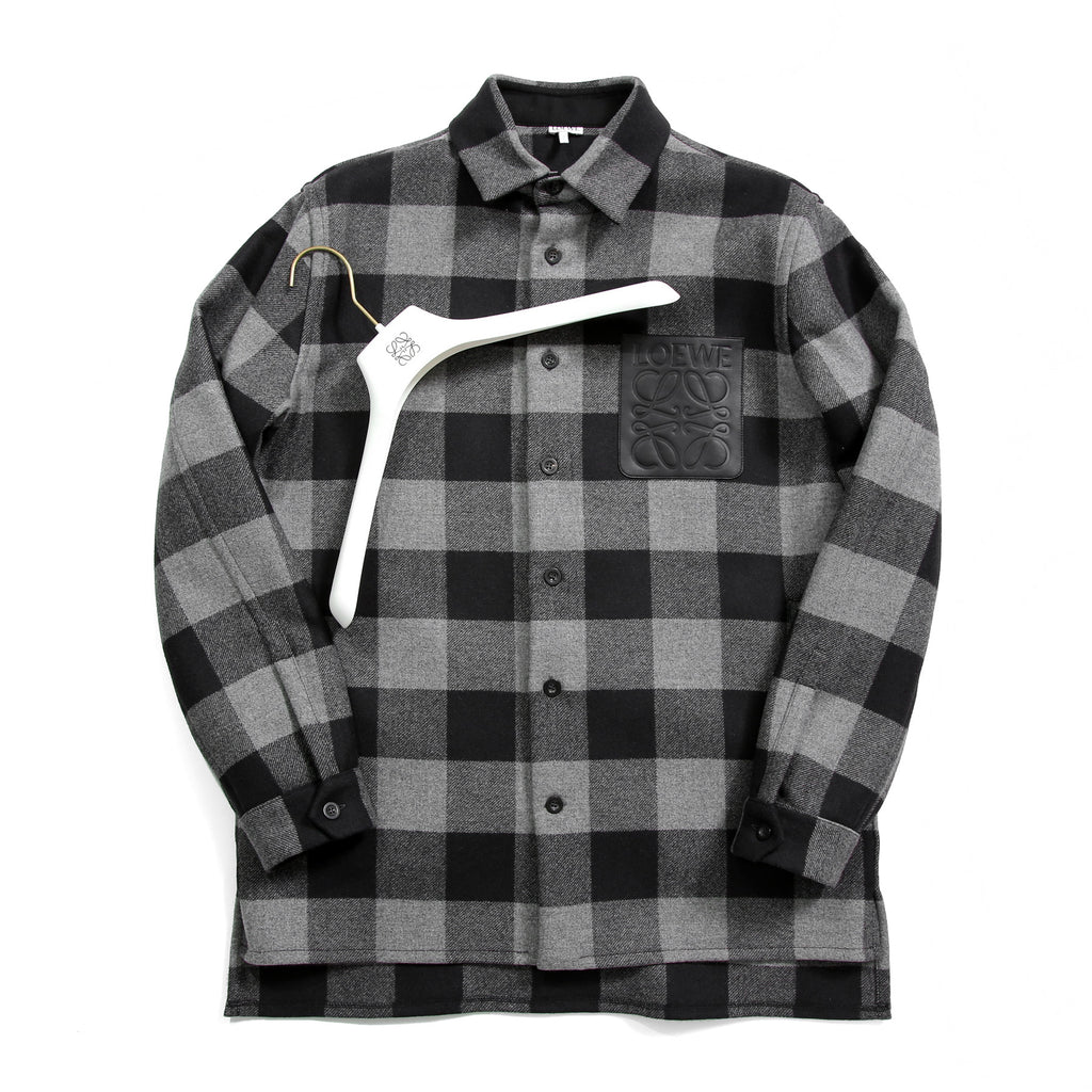 LOEWE ロエベ / 2019AW美品 ウールメルトン アナグラム レザーポケット チェック 長袖シャツ / size 46 (BLACK x GRAY)