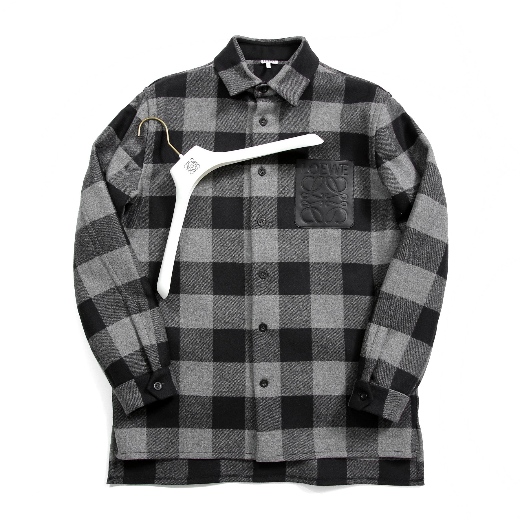 LOEWE ロエベ / 2019AW美品 ウールメルトン アナグラム レザーポケット チェック 長袖シャツ / size 46 (BLACK x GRAY)