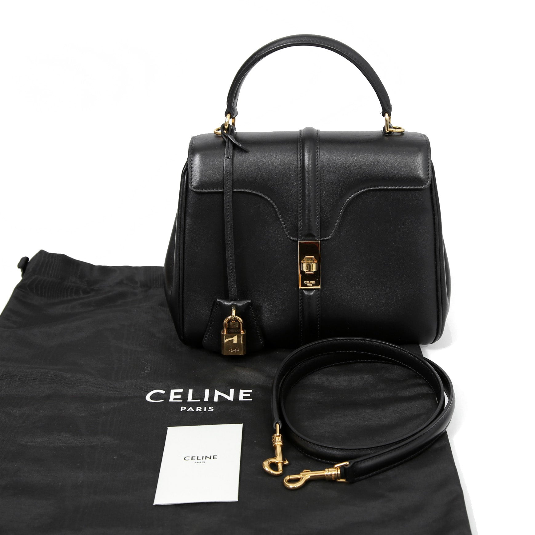 CELINE セリーヌ / 現行モデル / スモール 16 (セーズ) バッグ / サチネイテッド カーフ スキン (BLACK)