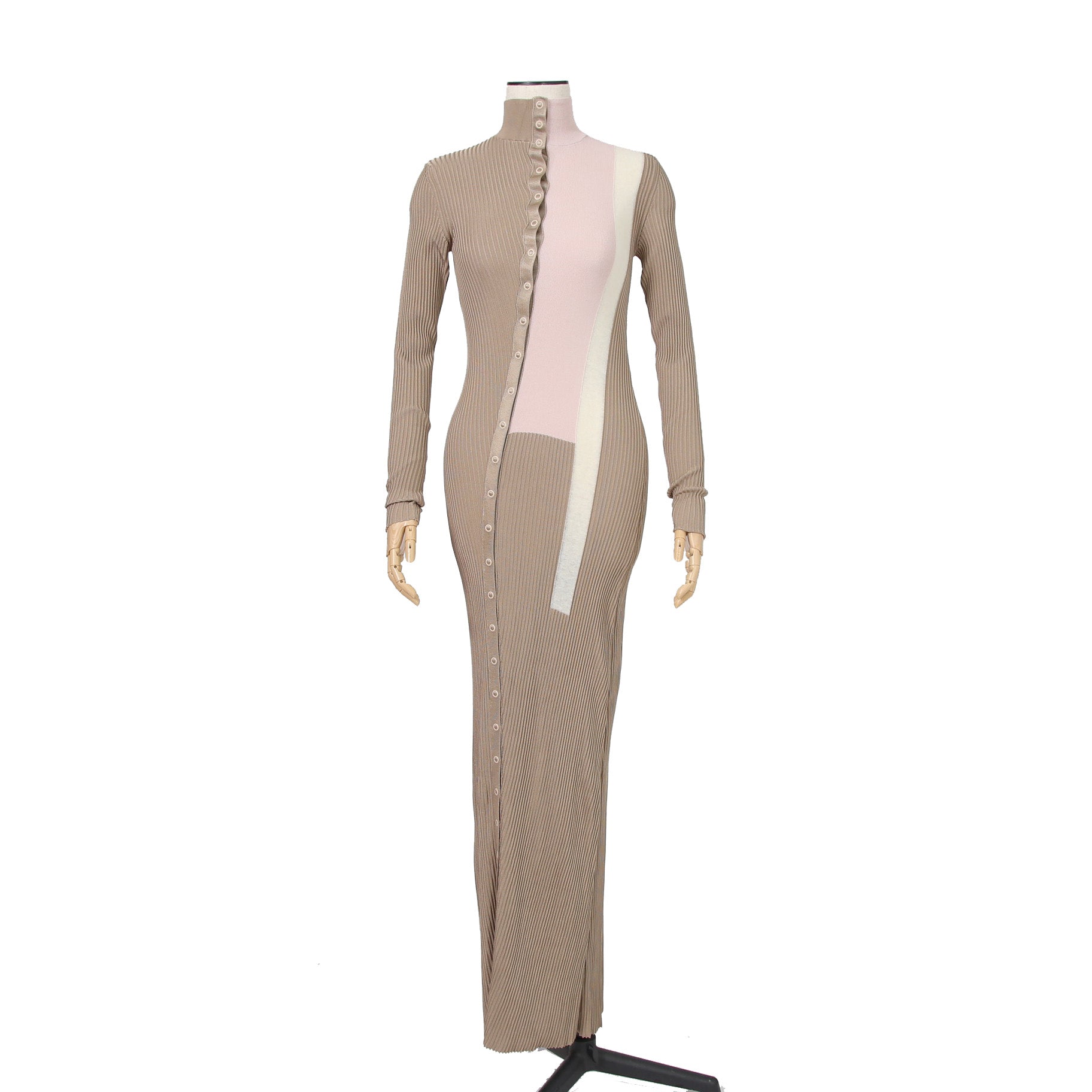 FENDI フェンディ / 美品 2018 カラーブロックモチーフ シルクニット マキシ丈 ワンピース / size 38 (BEIGE)