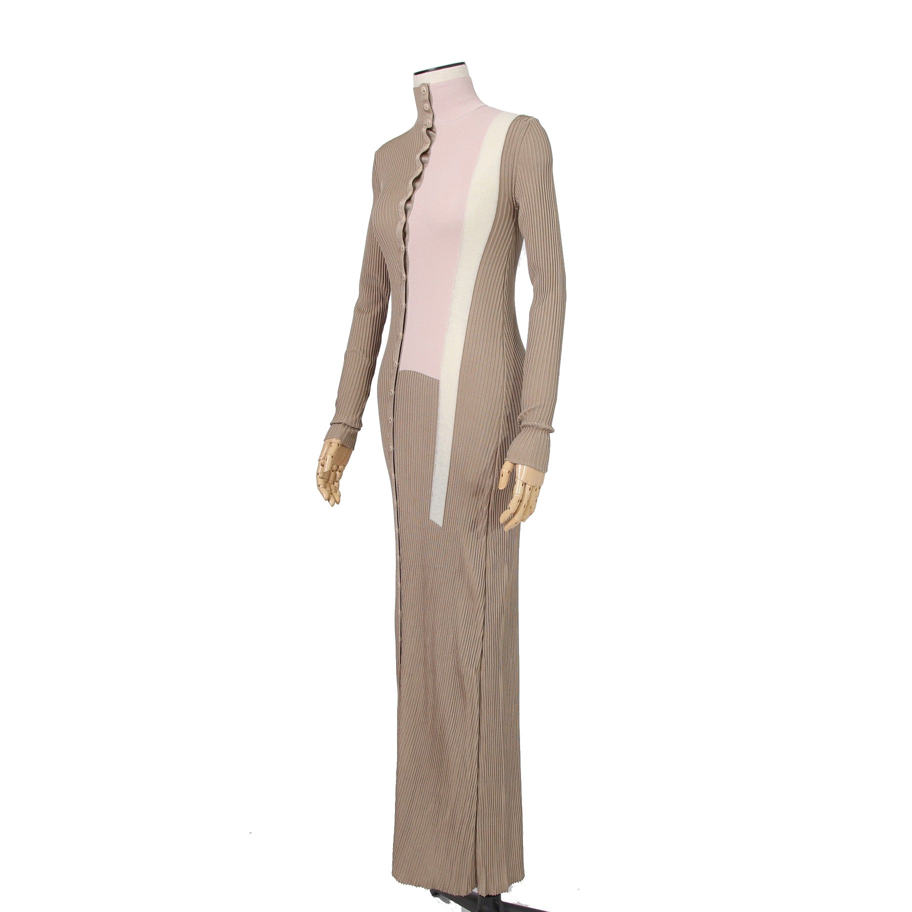 FENDI フェンディ / 美品 2018 カラーブロックモチーフ シルクニット マキシ丈 ワンピース / size 38 (BEIGE)